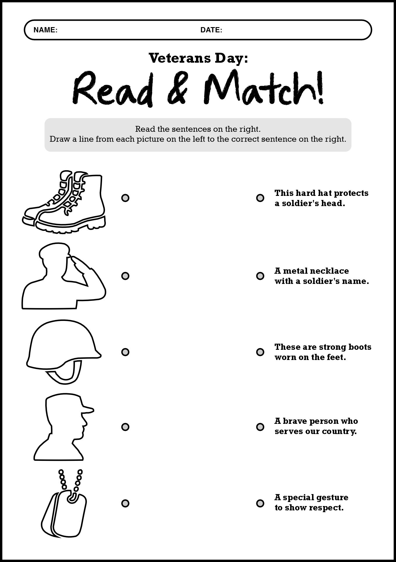 Early Elementary Veterans Day Matching Worksheet