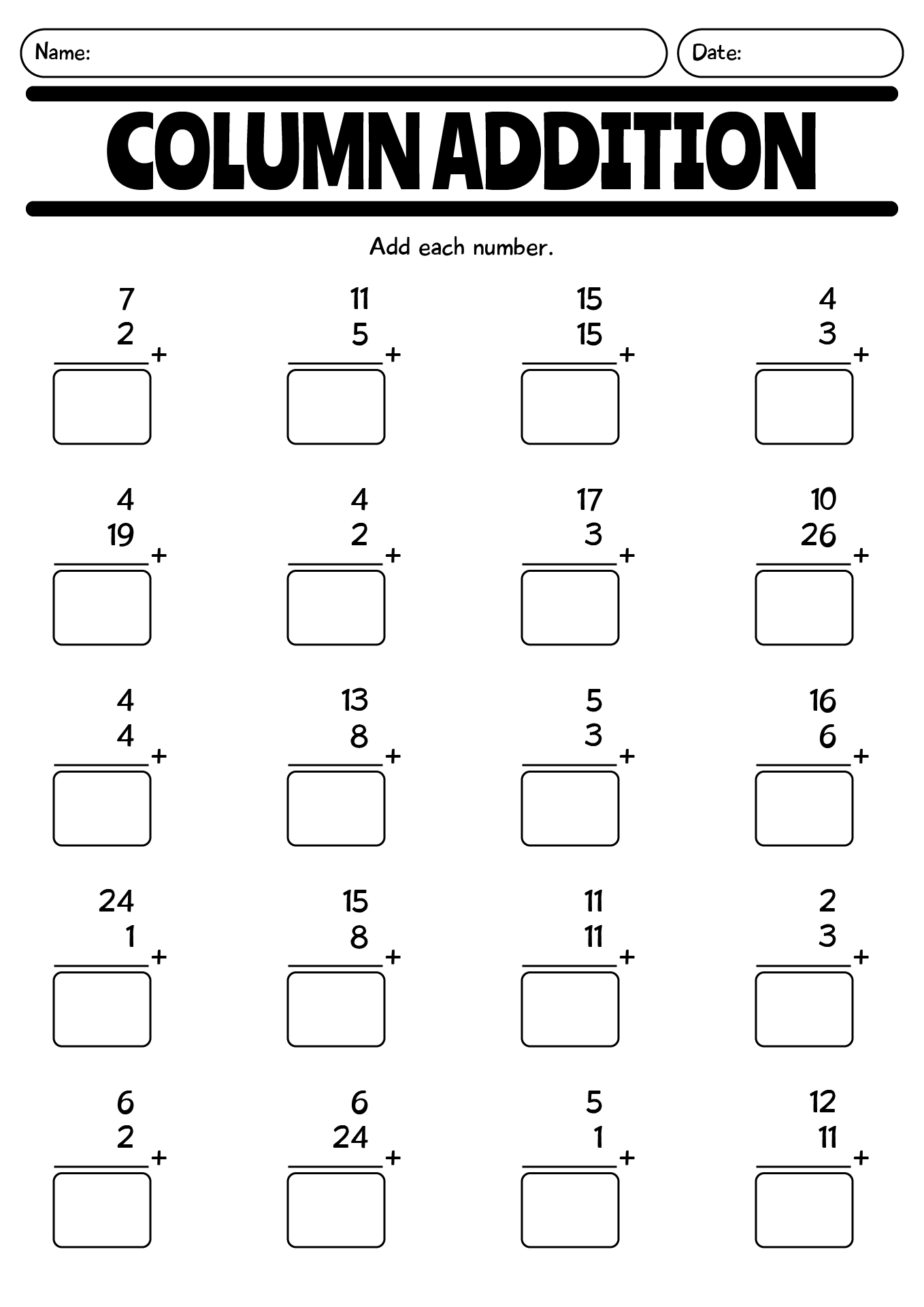Easy Column Addition Worksheet