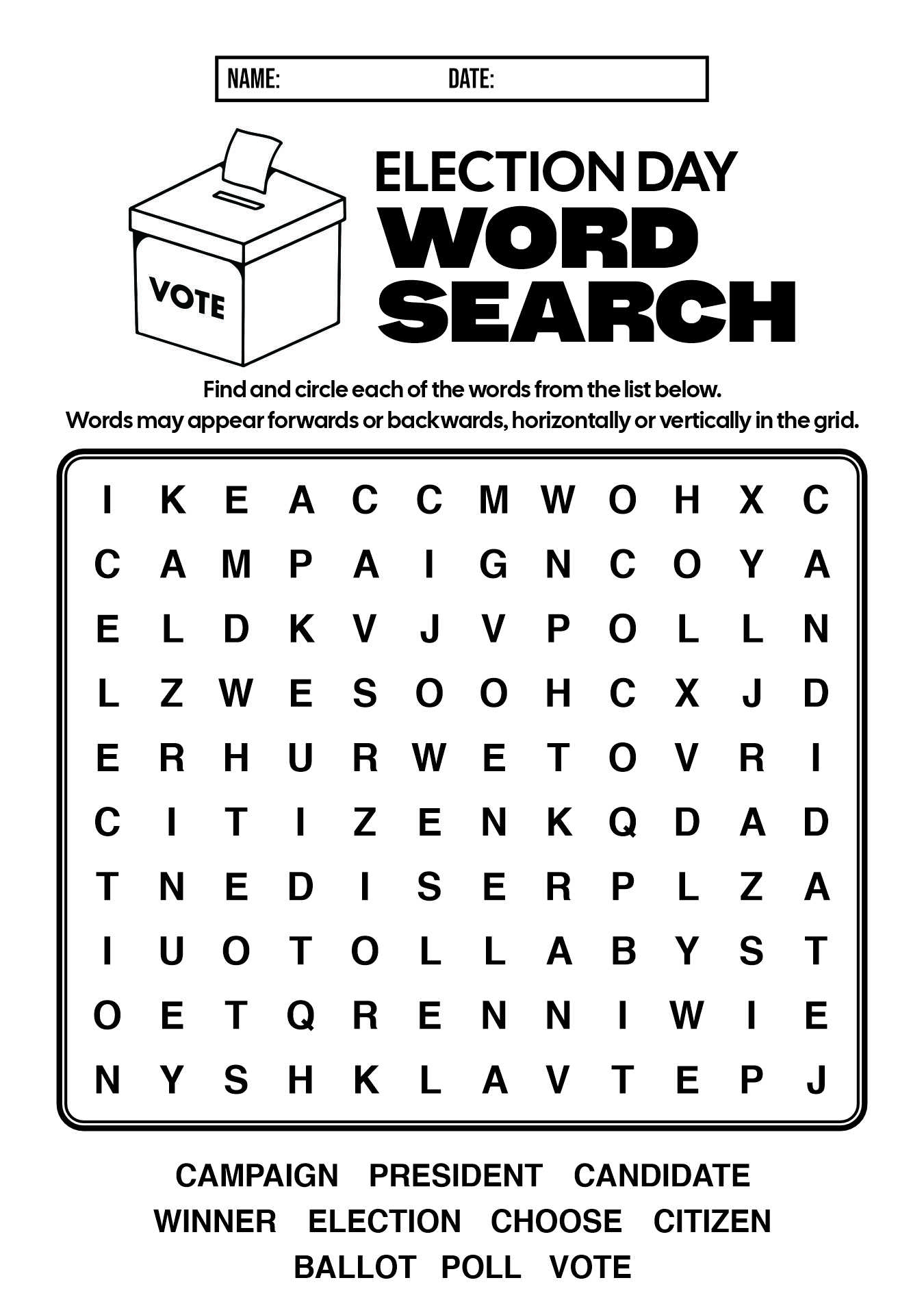 Easy Election Day Worksheet for Elementary Students