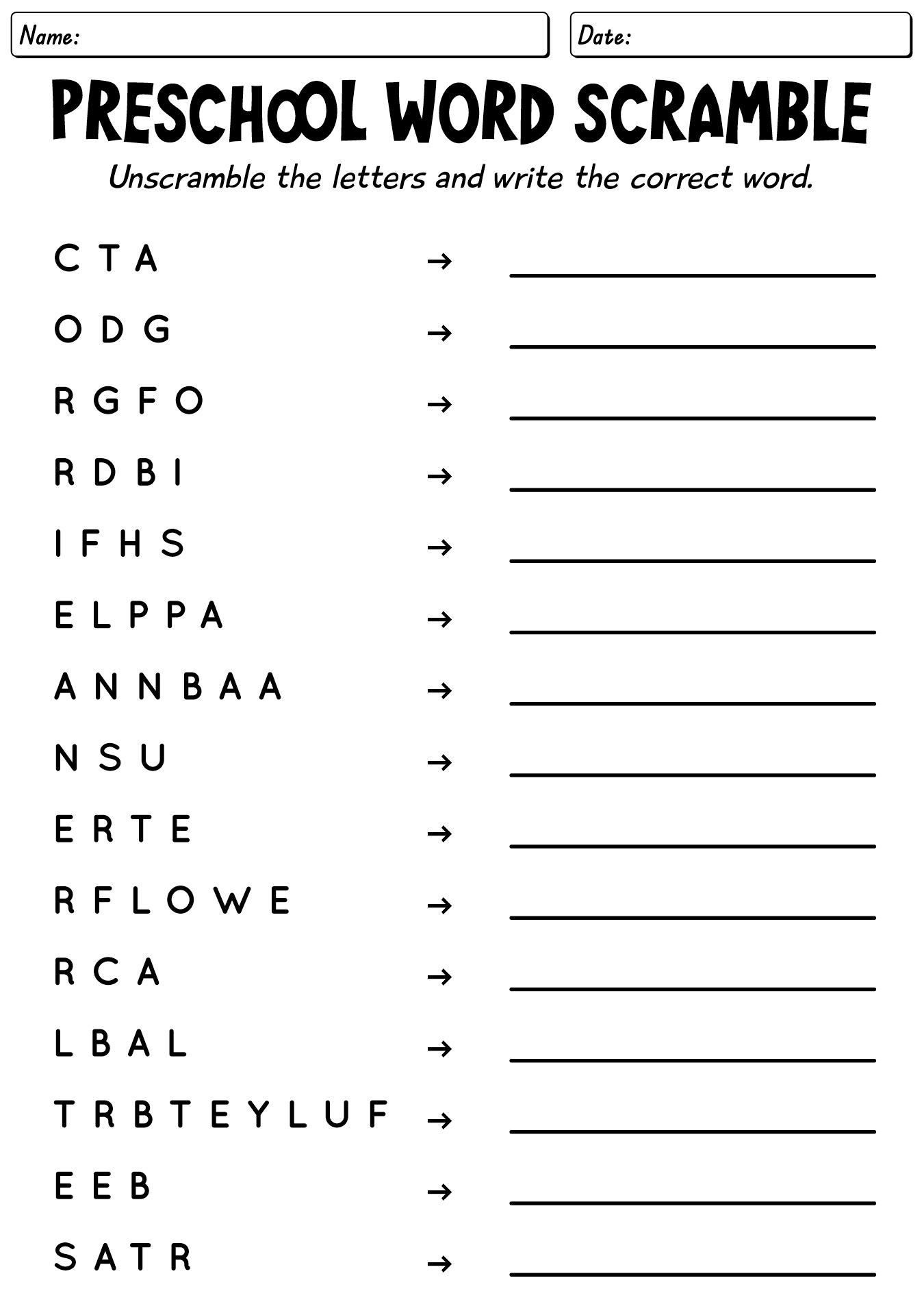 Easy Scramble Words Worksheet For Preschool