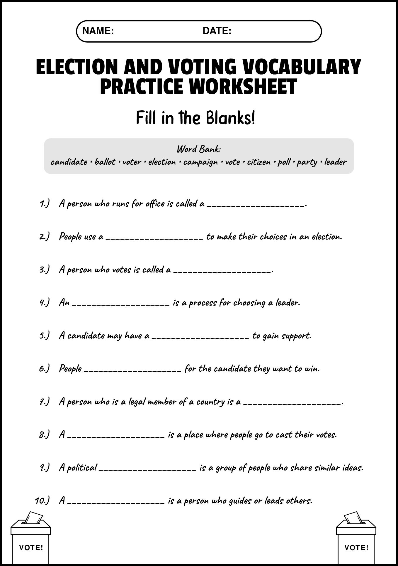 Election and Voting Vocabulary Practice Worksheet