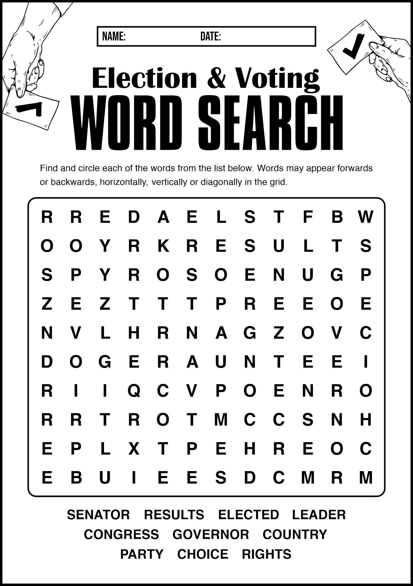 Election and Voting Word Search Game Worksheet