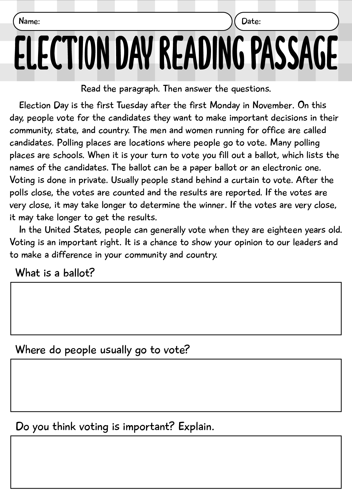 Election Day Cloze Passage Worksheet