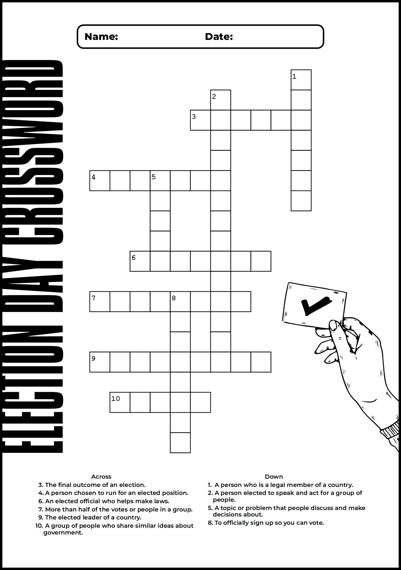 Election Day Crosswords Worksheet for 4th Grade