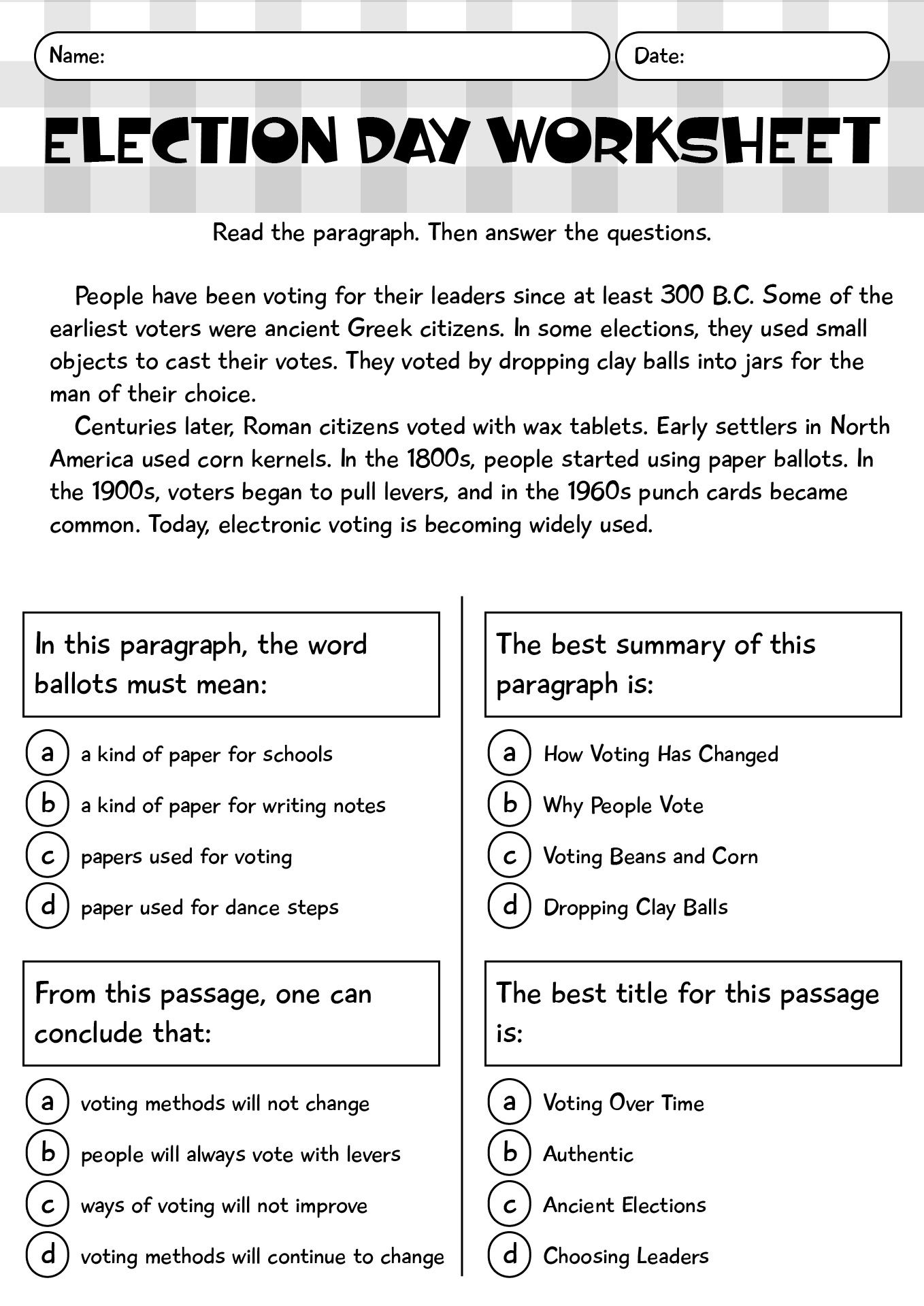Election Day Fun Activity Worksheet Fourth Grade