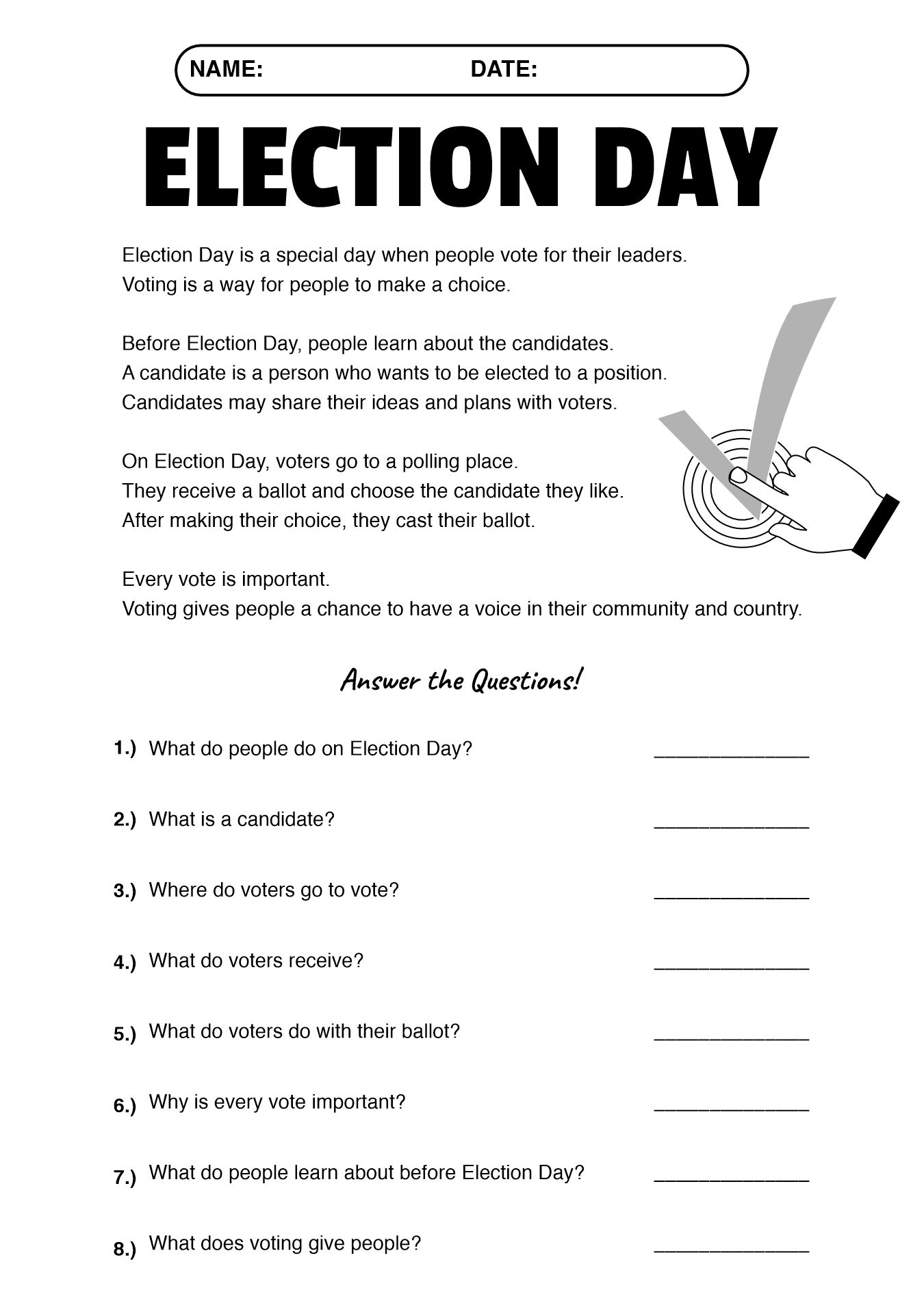 Election Day Passage and Questions for Young Learners