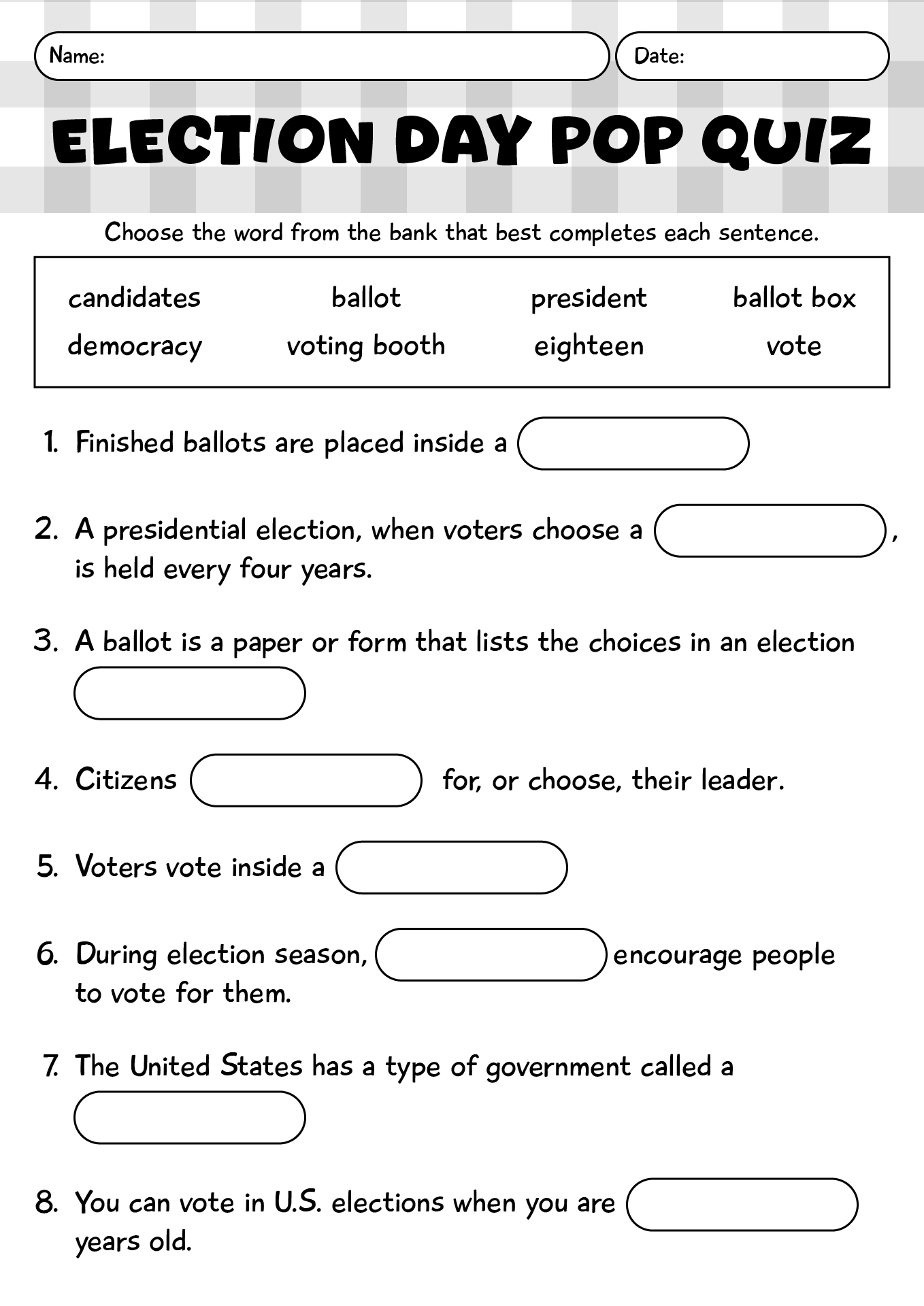 Election Day Pop Quiz Worksheet For 4th Grade