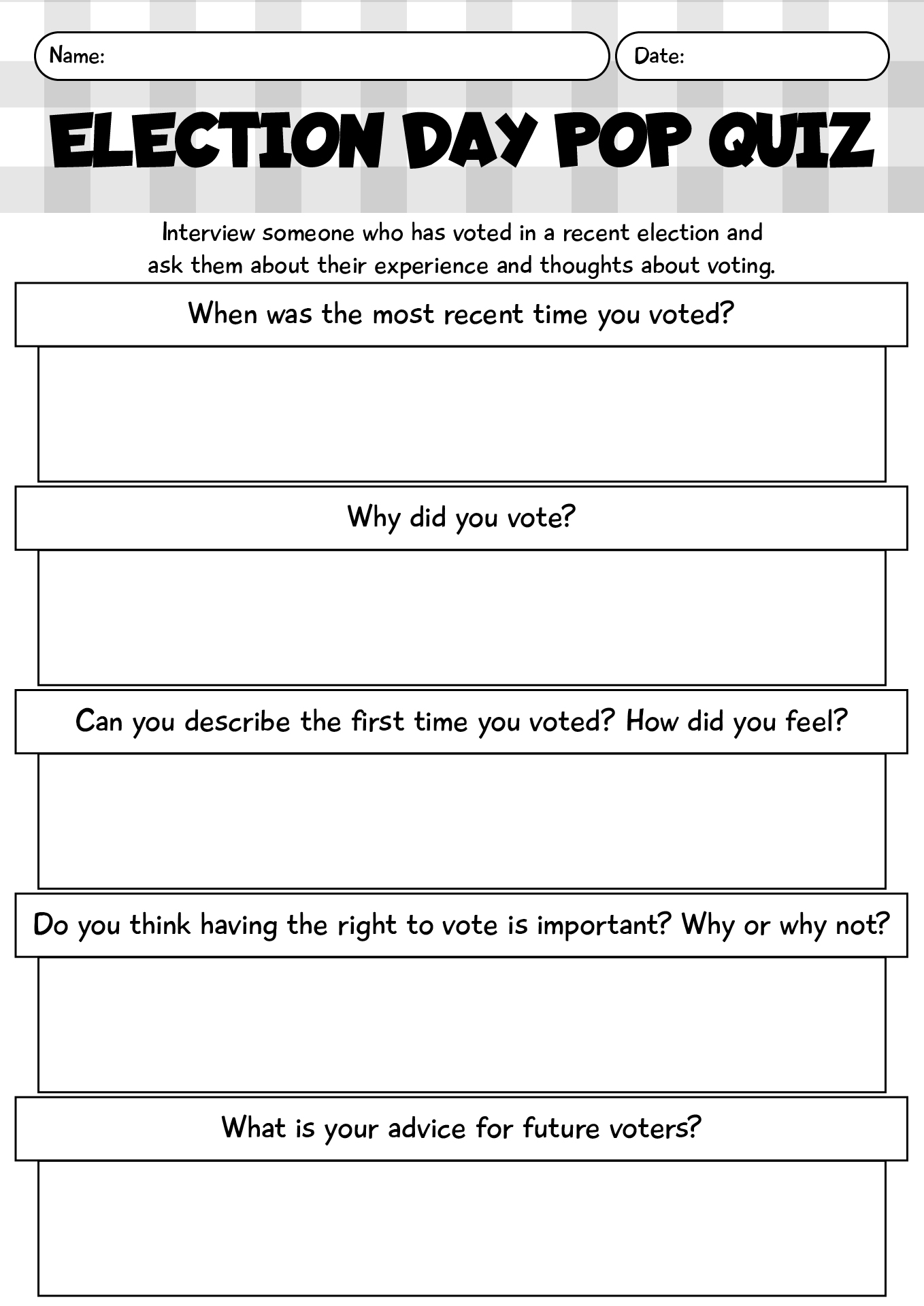 Election Day Pop Quiz Worksheet For 4th Grade