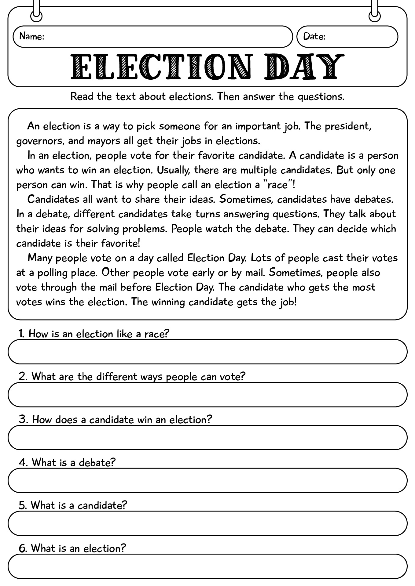 Election Day Printable Worksheet For 5th Grade