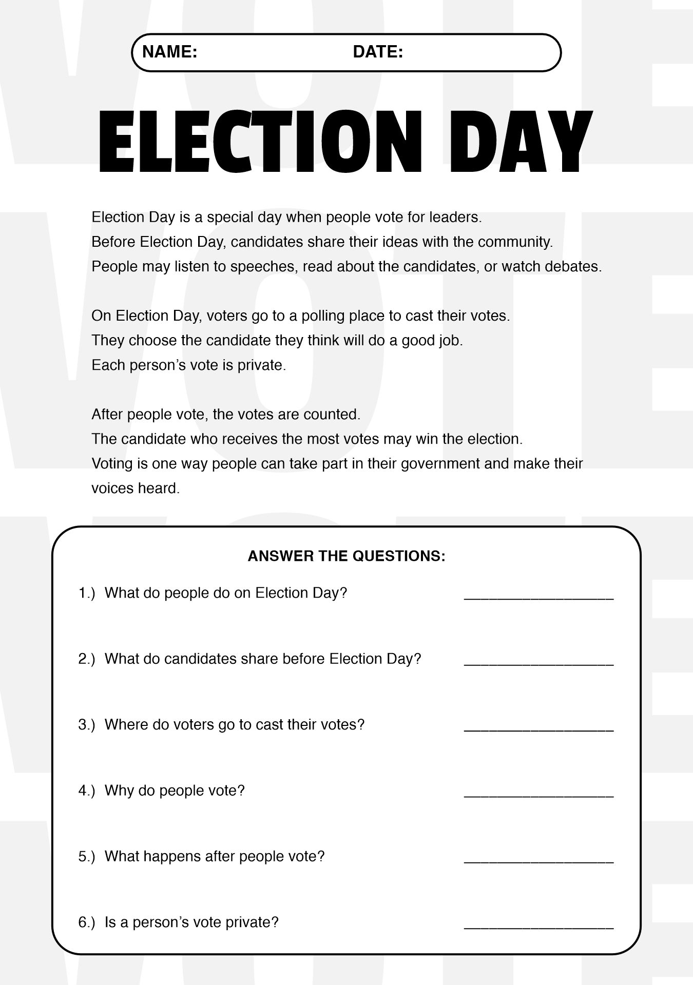 Election Day Reading Activity Worksheet for Elementary Students