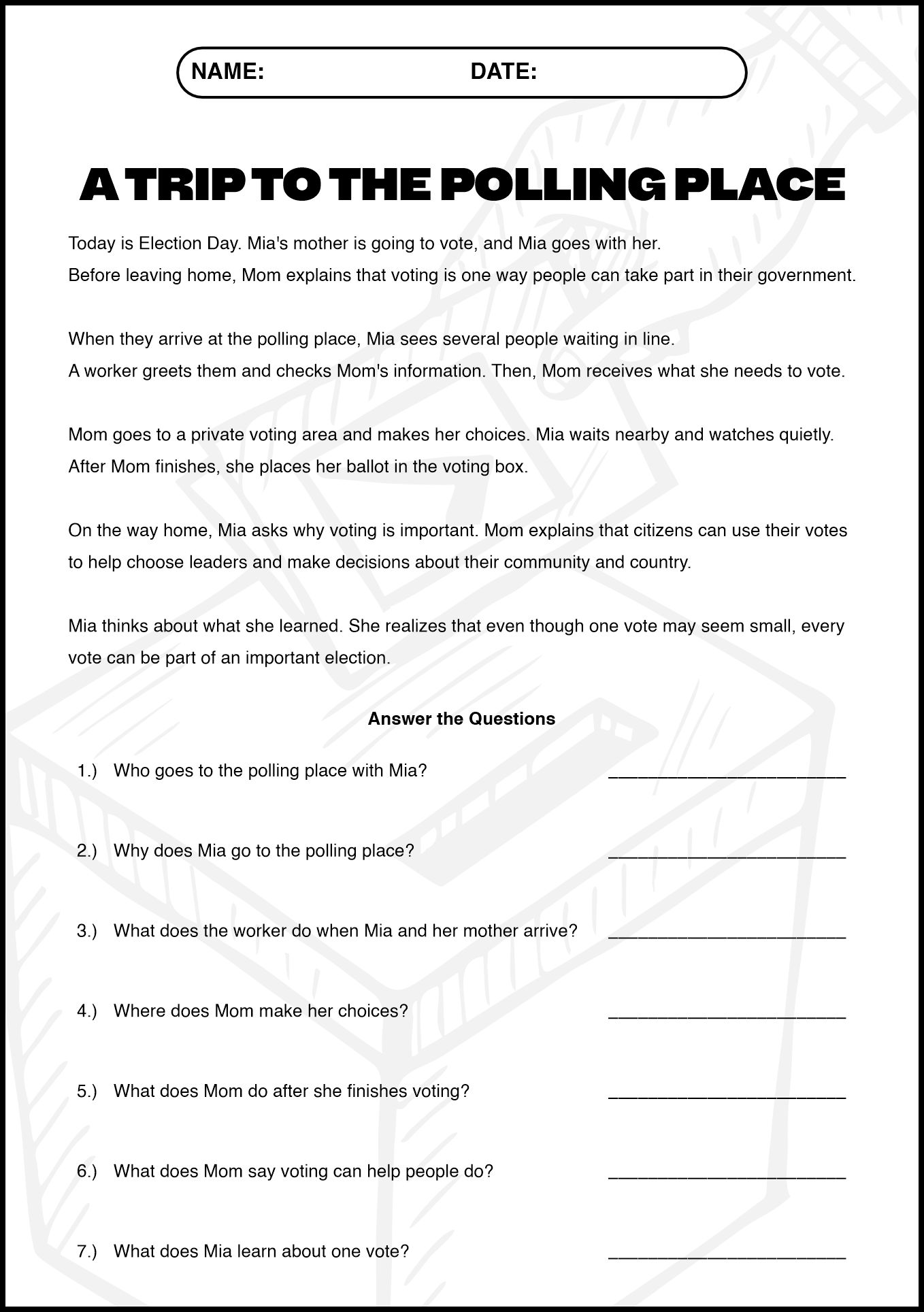 Election Day Reading Comprehension Worksheet