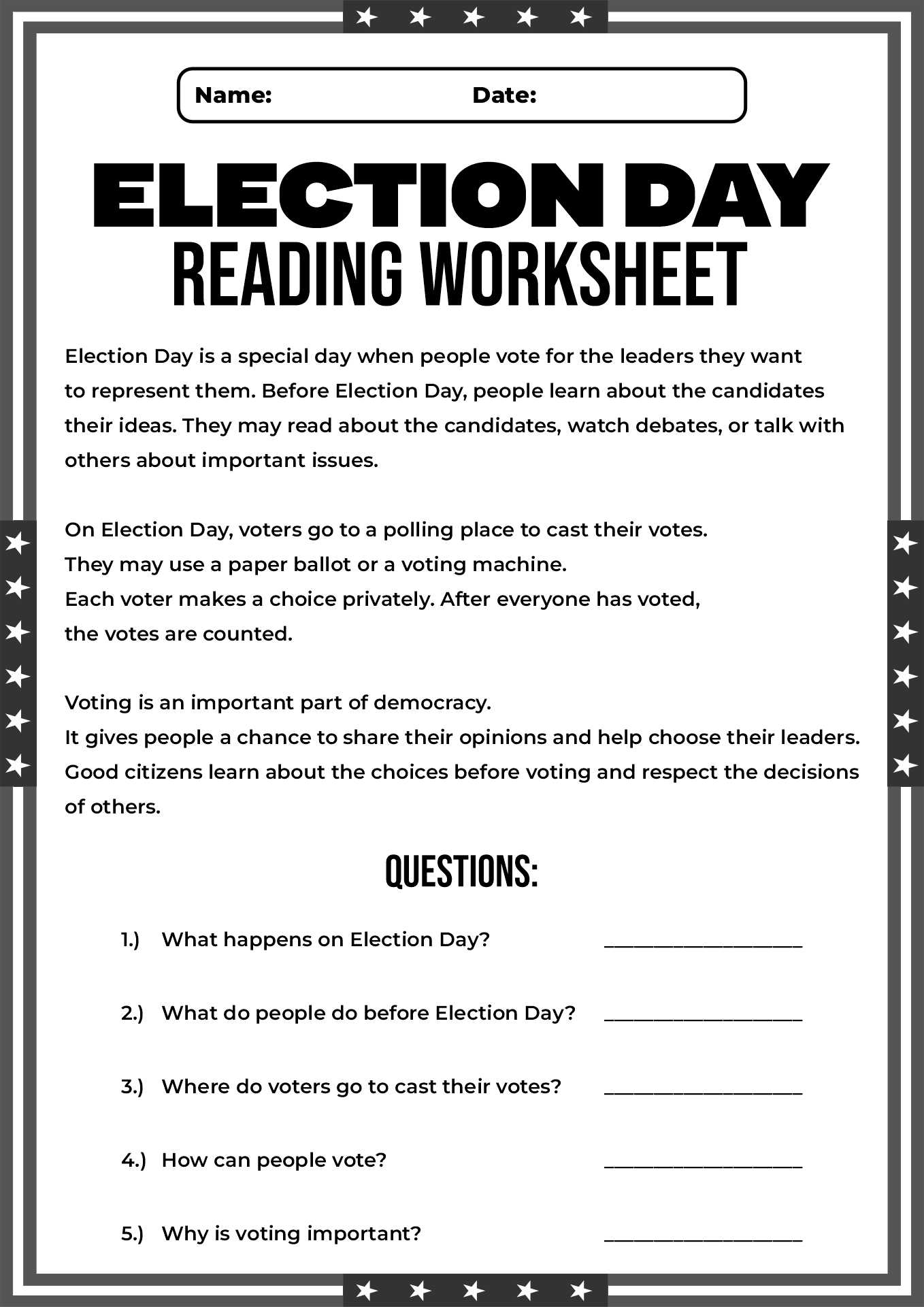 Election Day Reading Worksheet