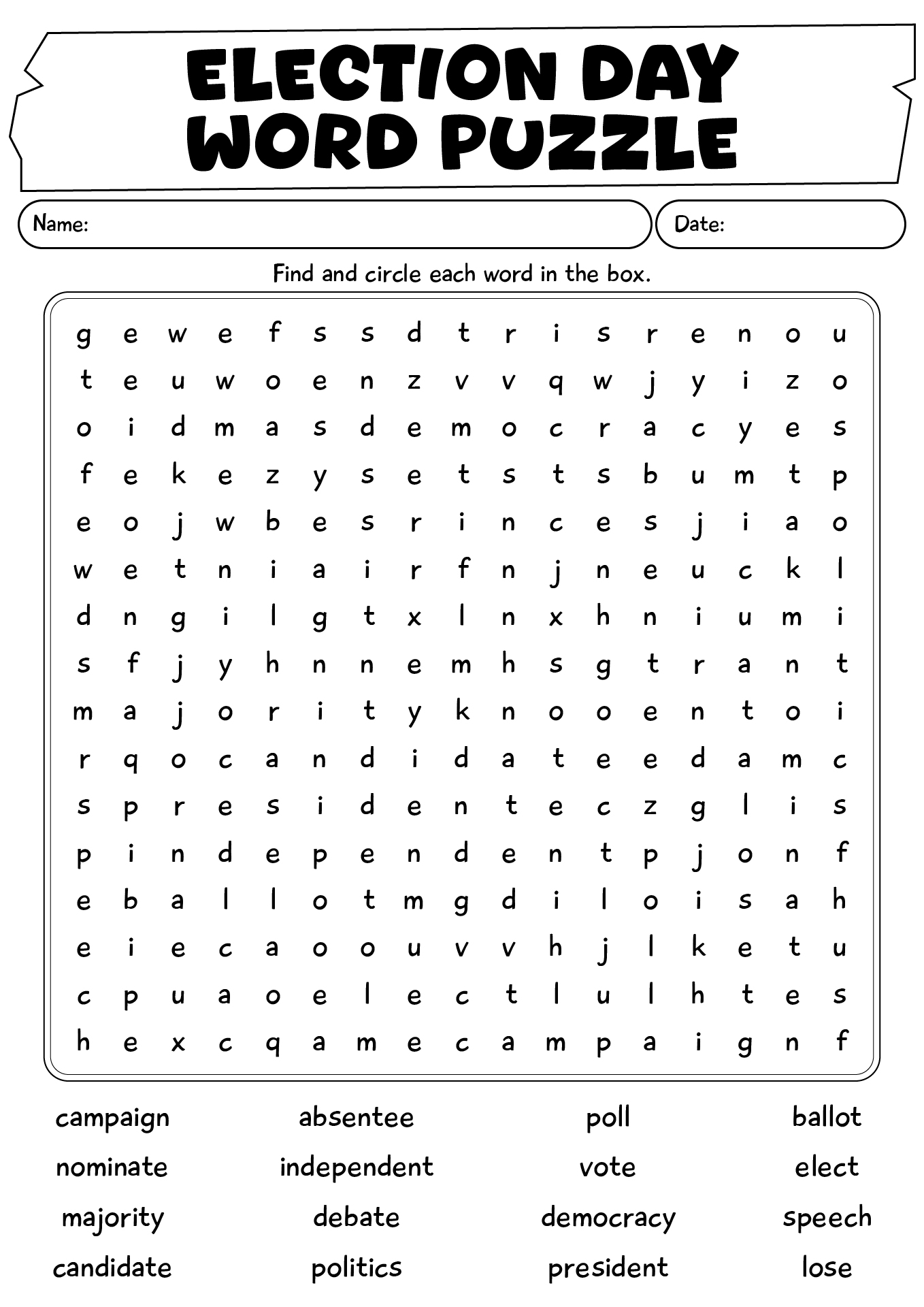 Election Day Word Puzzle Worksheet