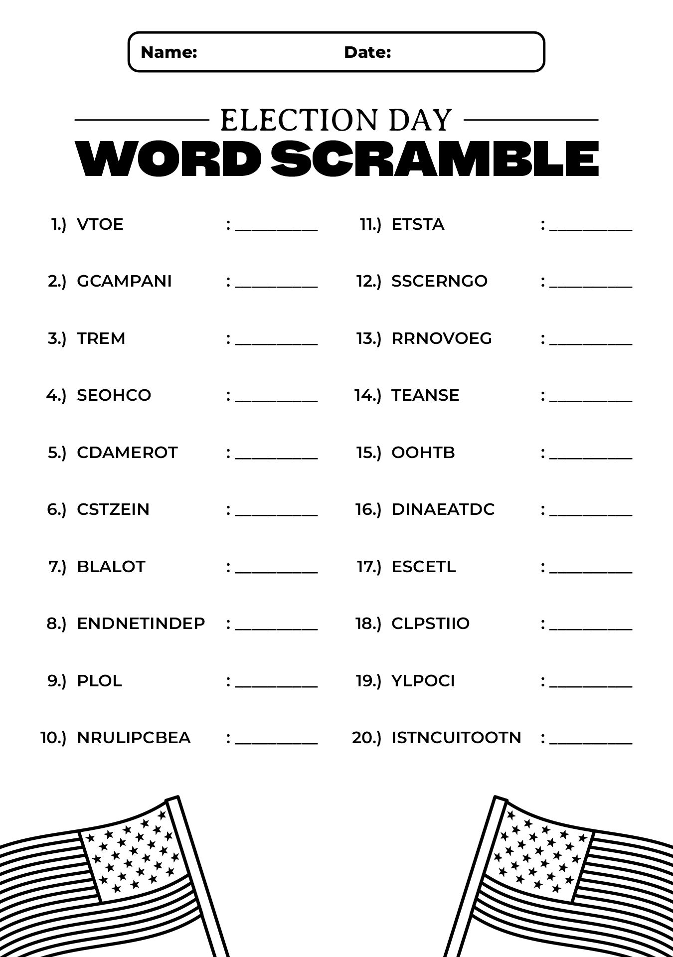 Election Day Word Scramble Worksheet