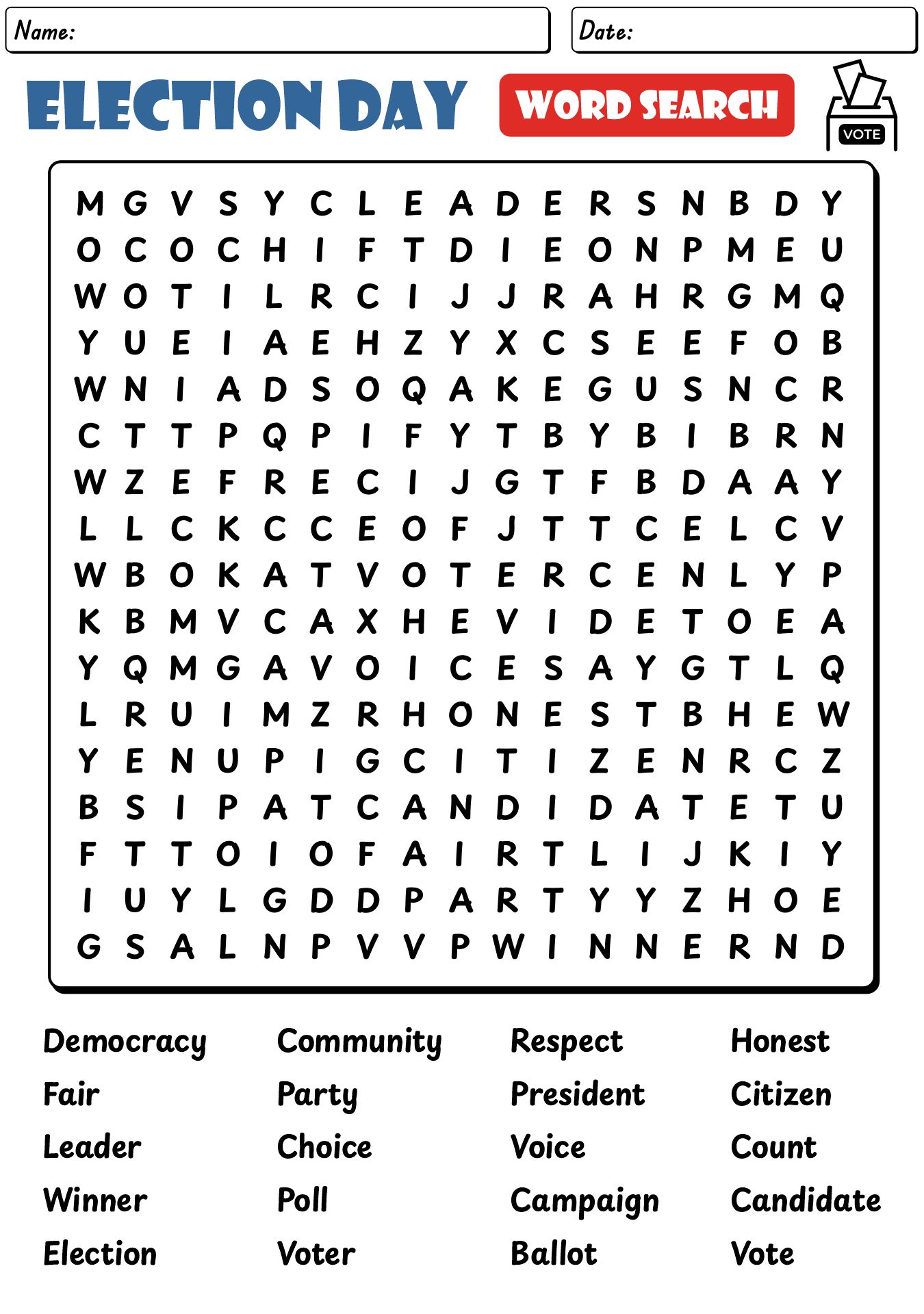 Election Day Word Search Worksheet For Kids