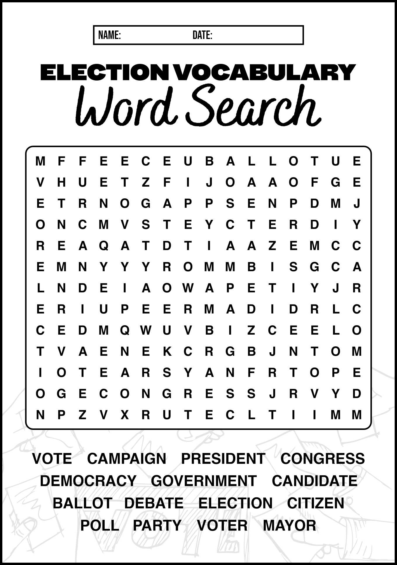 Election Vocabulary Word Search Worksheet