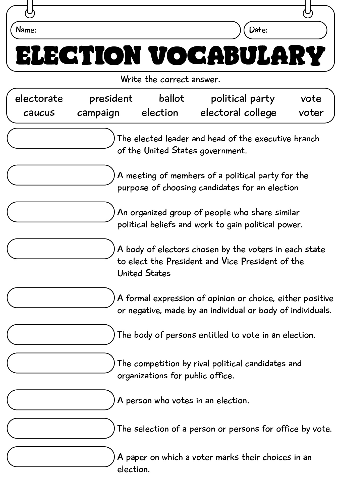 Election Vocabulary Worksheet For 5th Grade