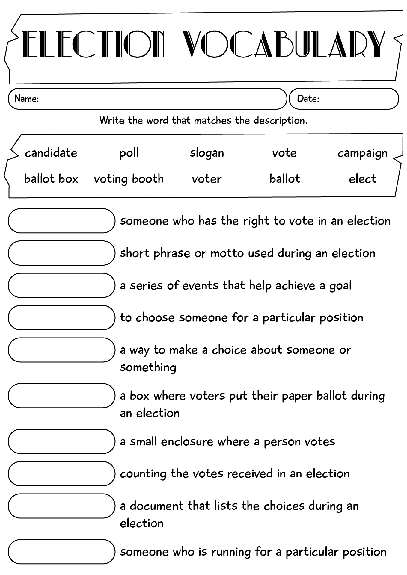 Election Vocabulary Worksheet