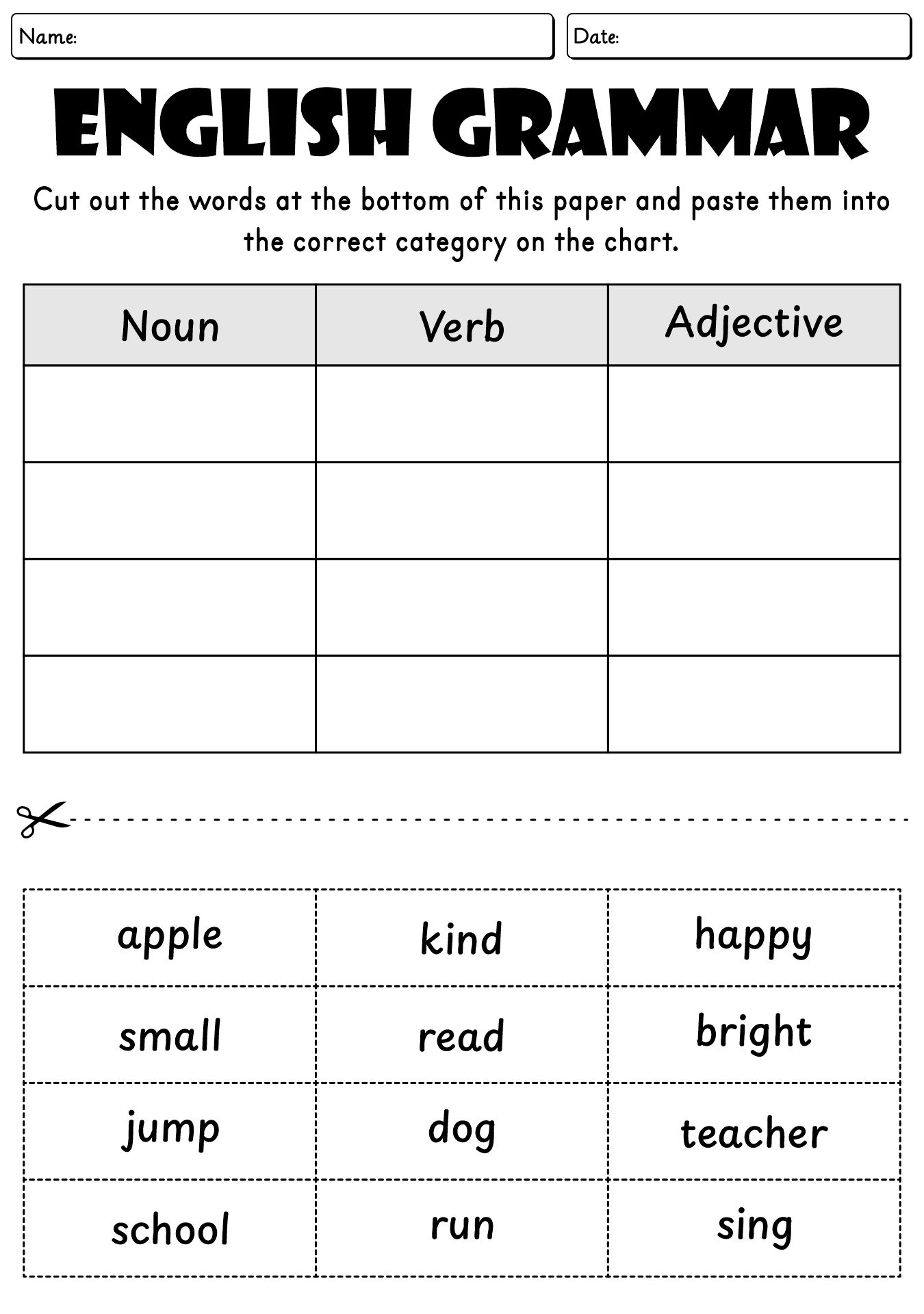 English Grammar Cut and Paste Worksheet