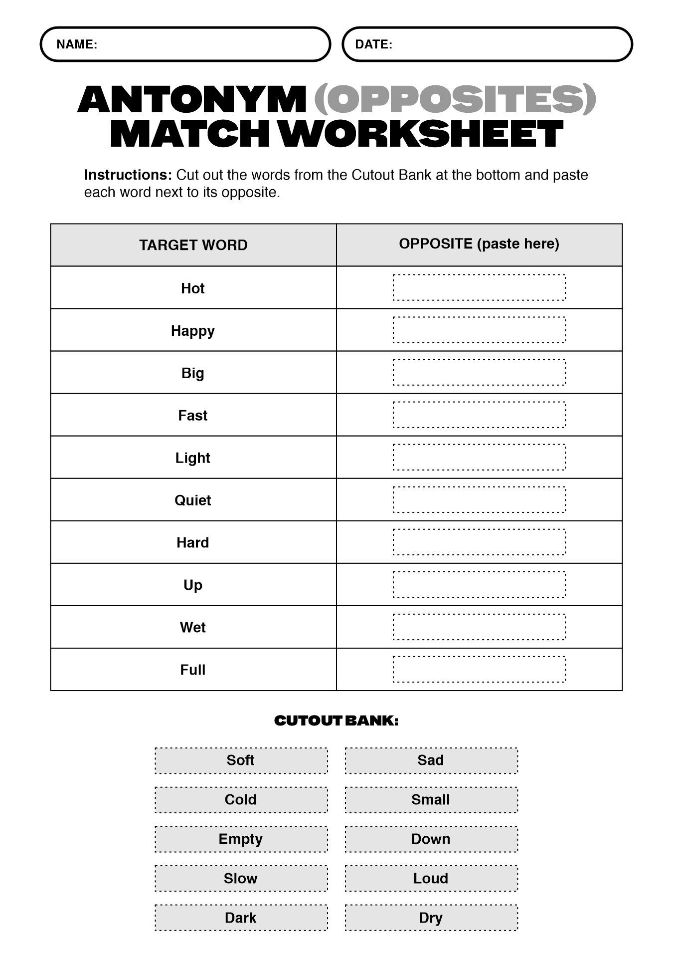 English Grammar Cut and Paste Worksheets