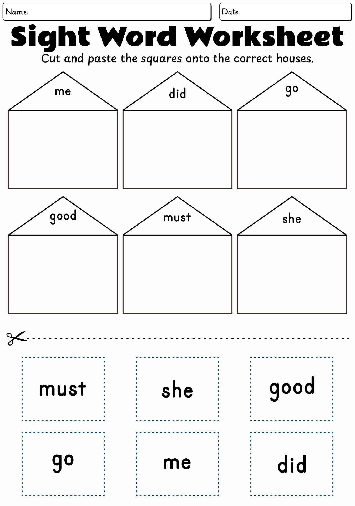 English Sight Words Cut and Paste Worksheets