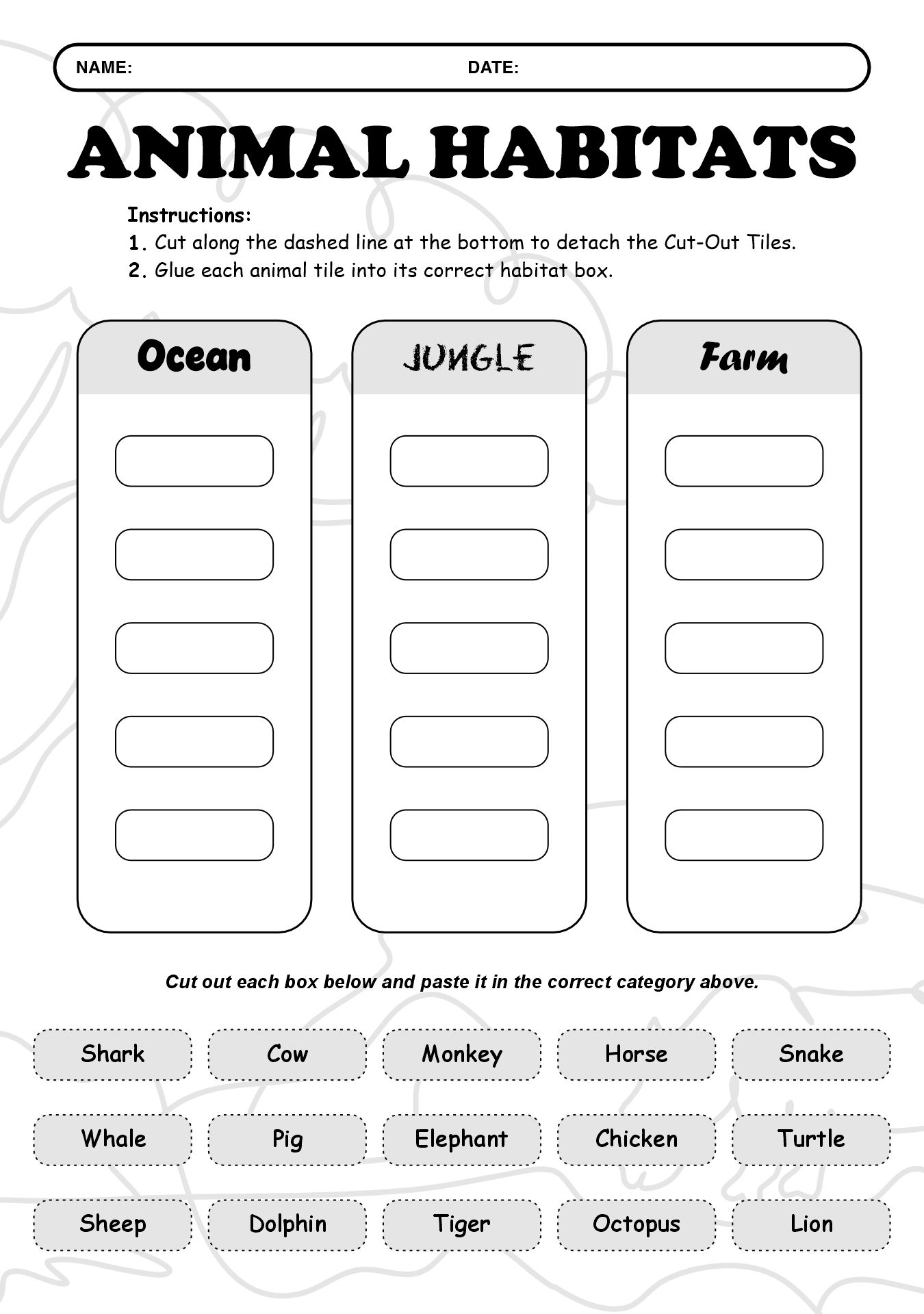 English Vocabulary Cut and Paste Worksheets