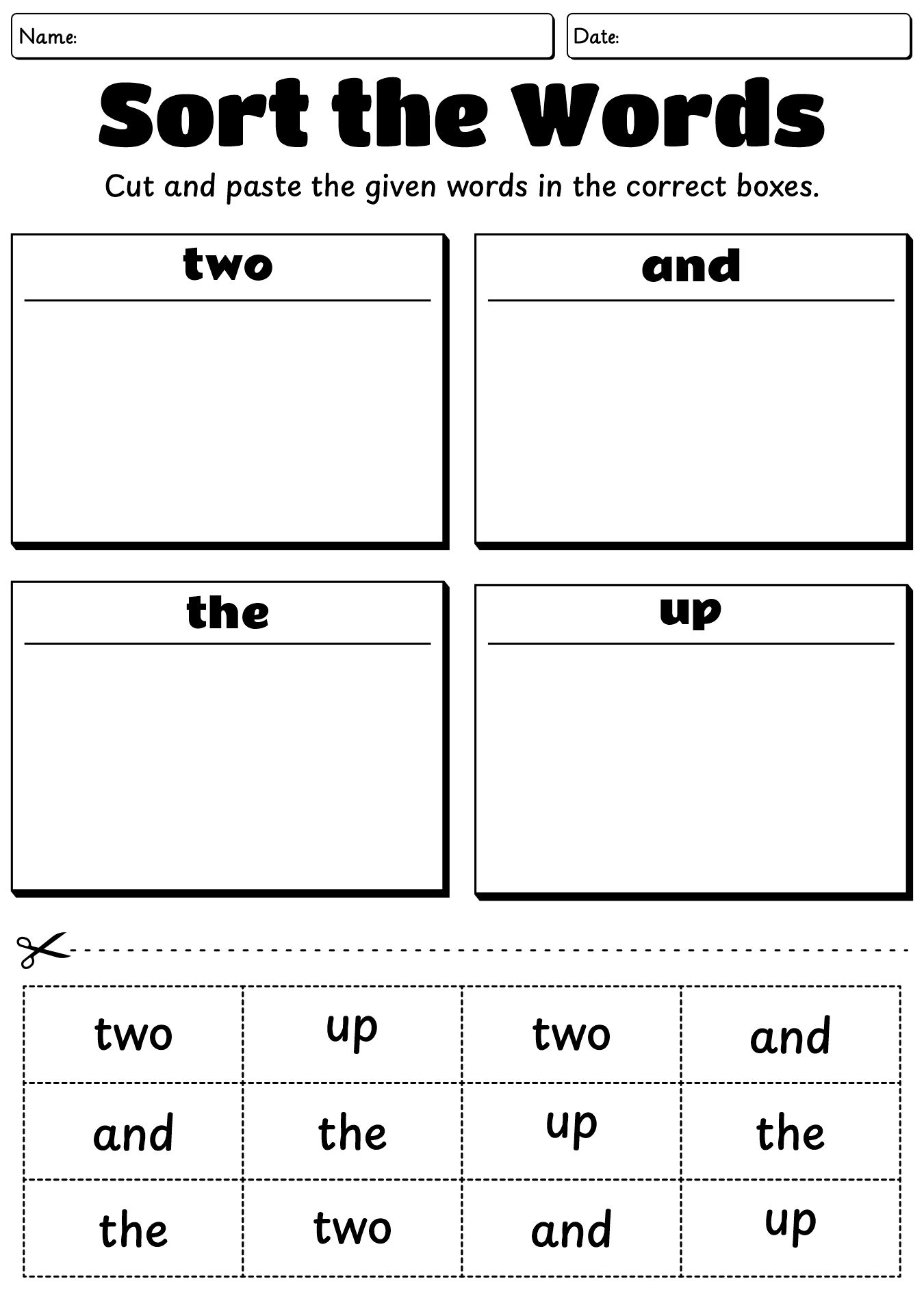 English Word Sorting Cut and Paste Worksheet for Children