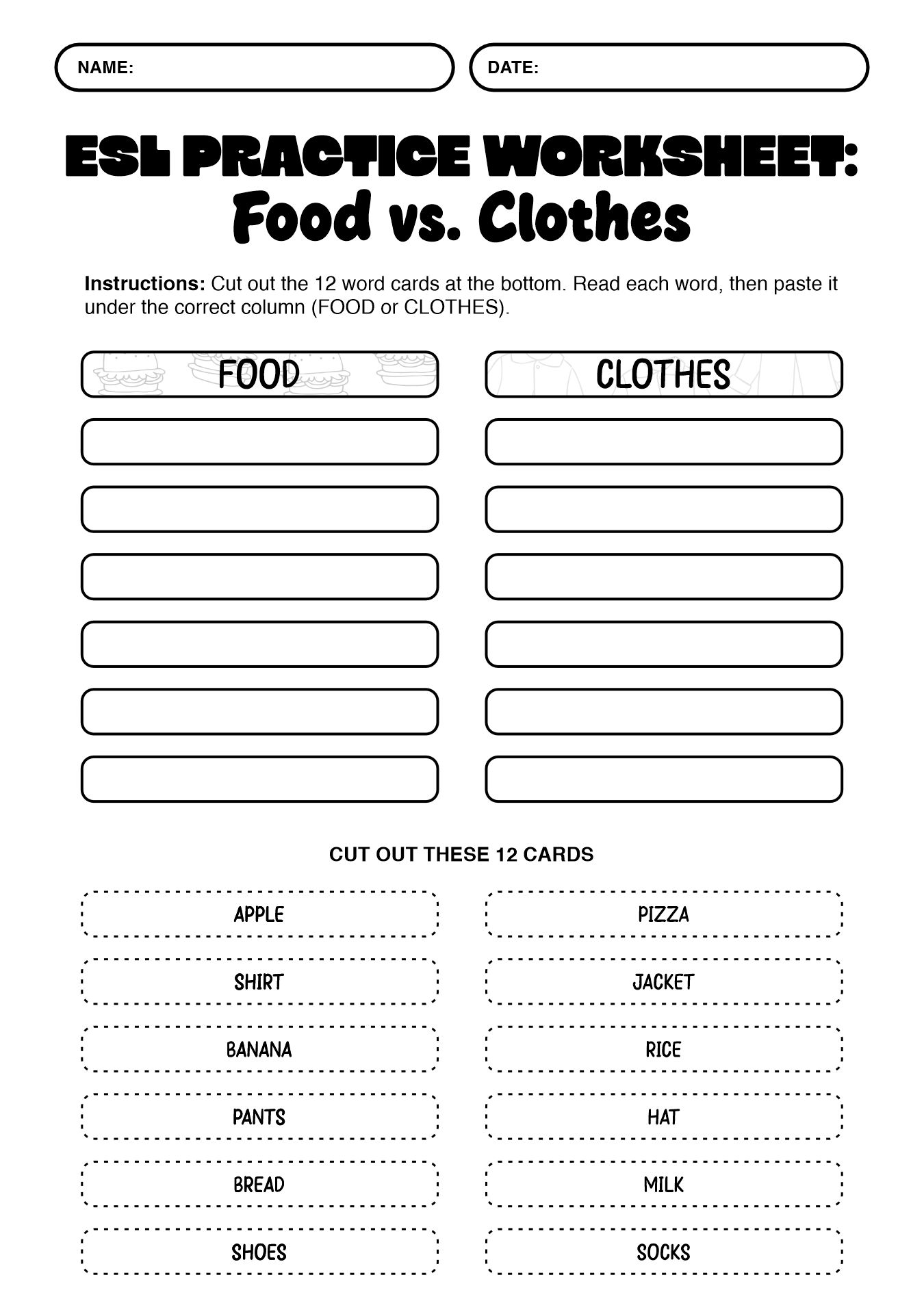 ESL English Cut and Paste Practice Worksheets