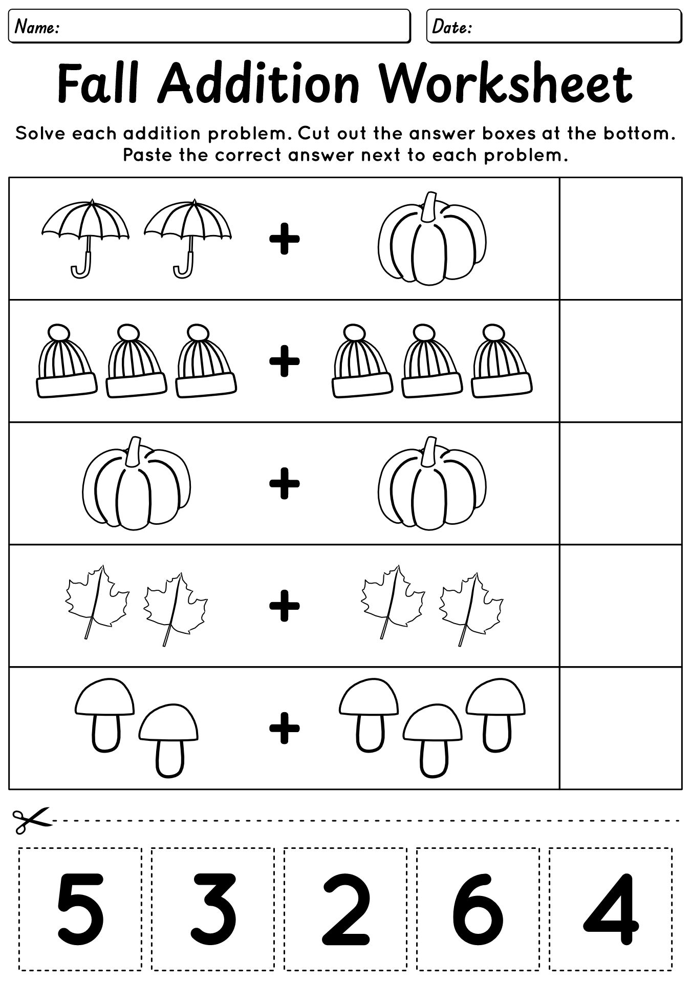Fall Kindergarten Addition Worksheets