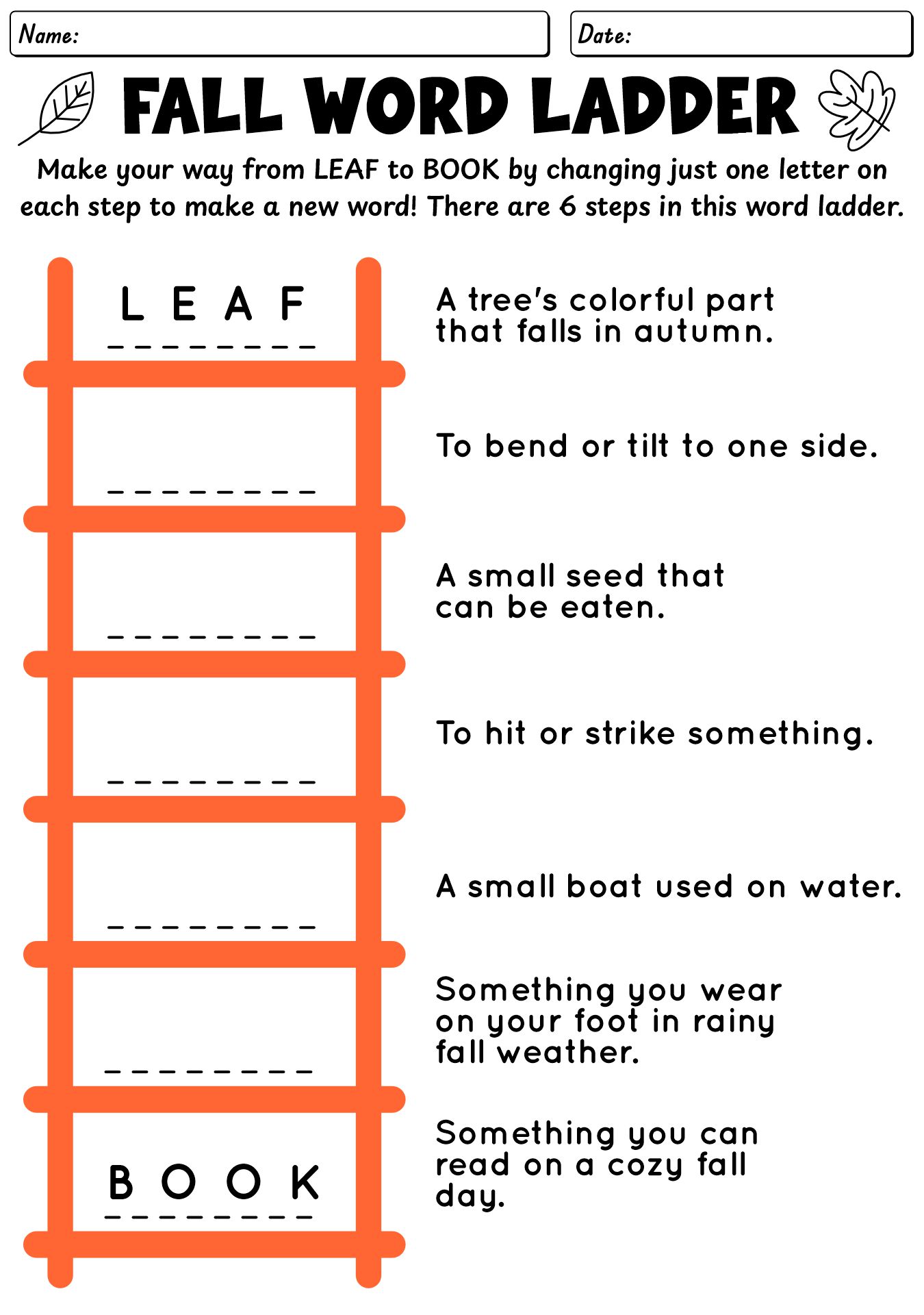 Fall Word Ladder Worksheet