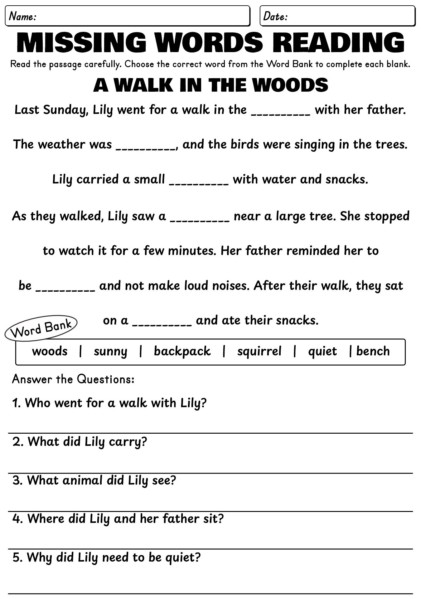 Fill In Missing Words Reading Worksheet