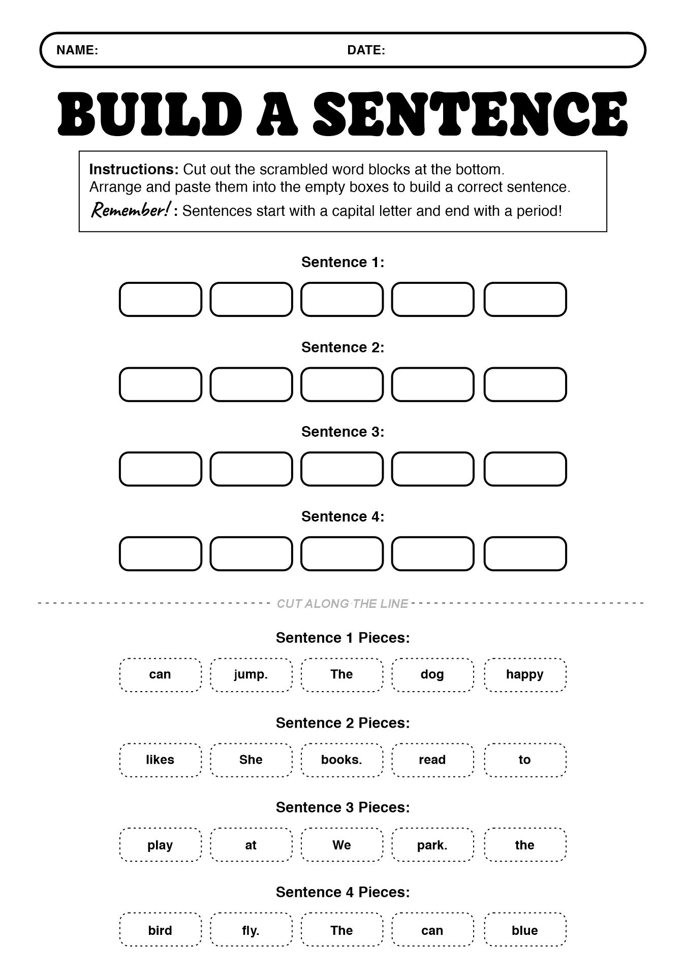 First Grade English Cut and Paste Activity Sheets