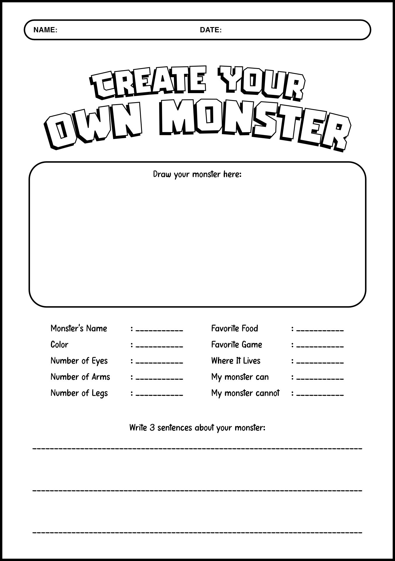 First Grade Halloween Monster Writing Sheets