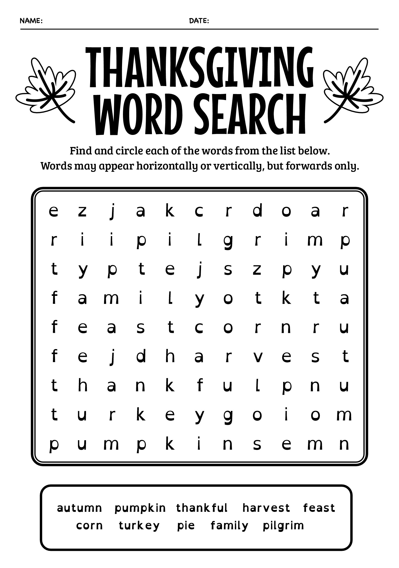 First Grade Thanksgiving Word Search Worksheets