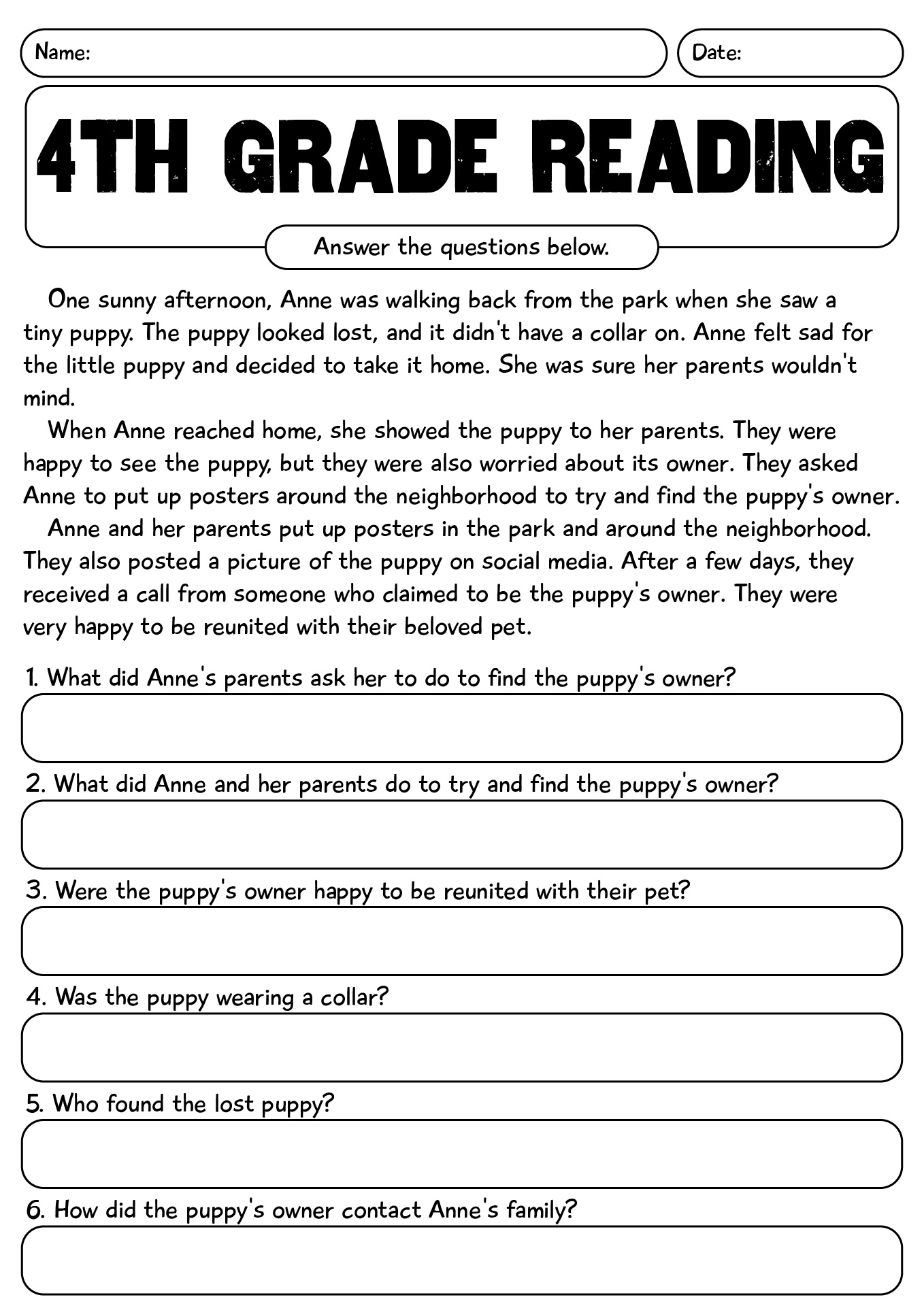 Fourth Grade Reading Worksheets