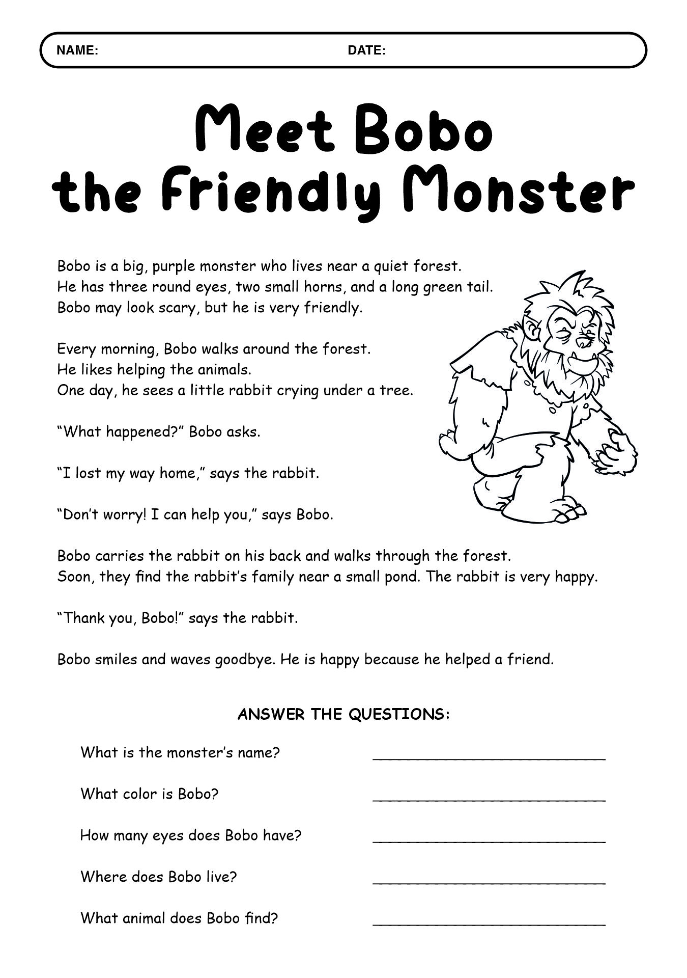 Friendly Monster Reading Worksheet