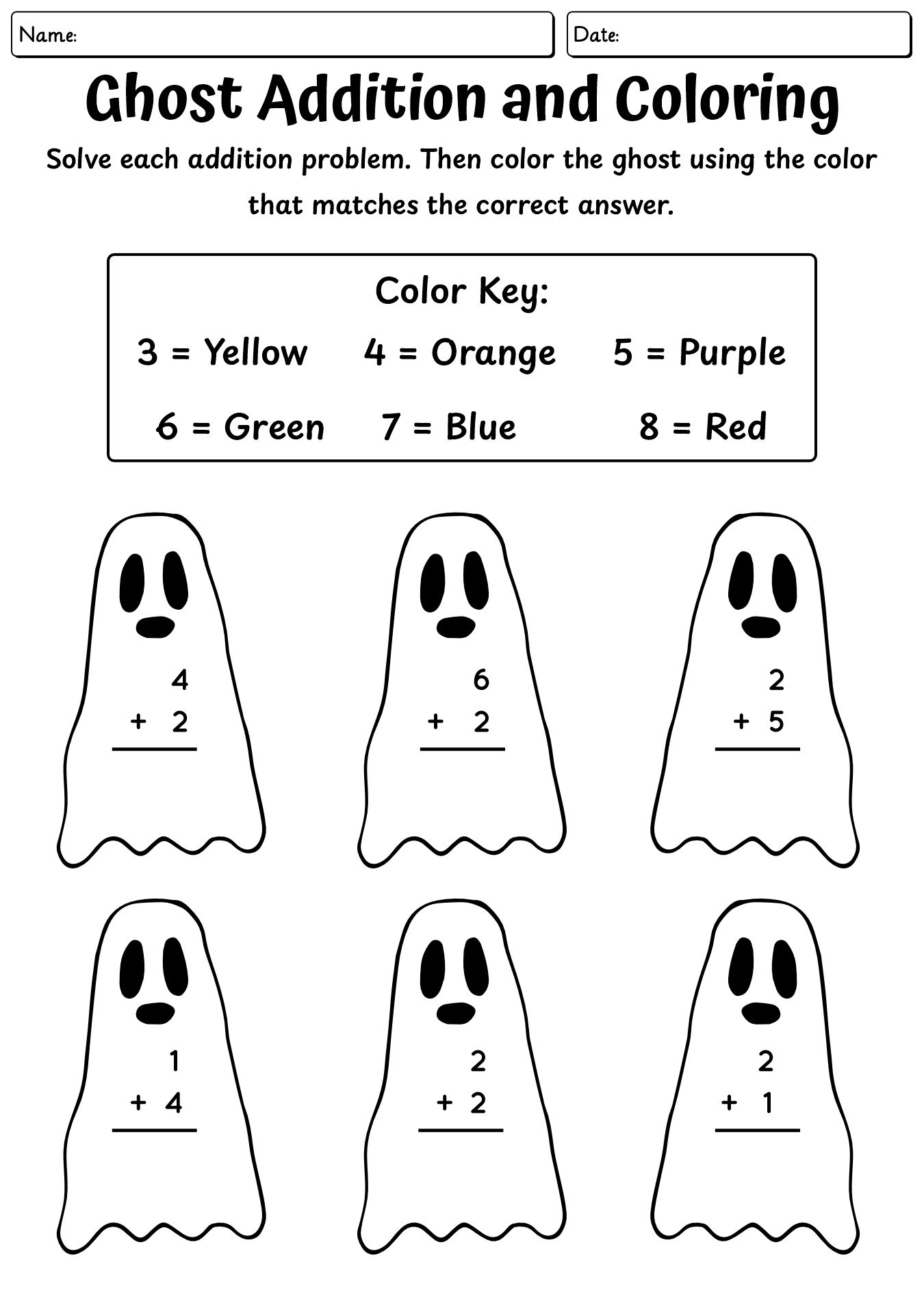 Ghost Addition And Coloring Worksheet