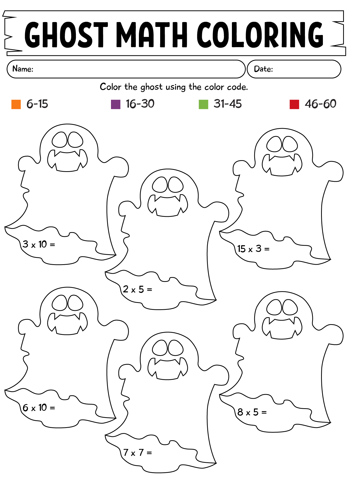 Ghost Math Facts Coloring Page Worksheet