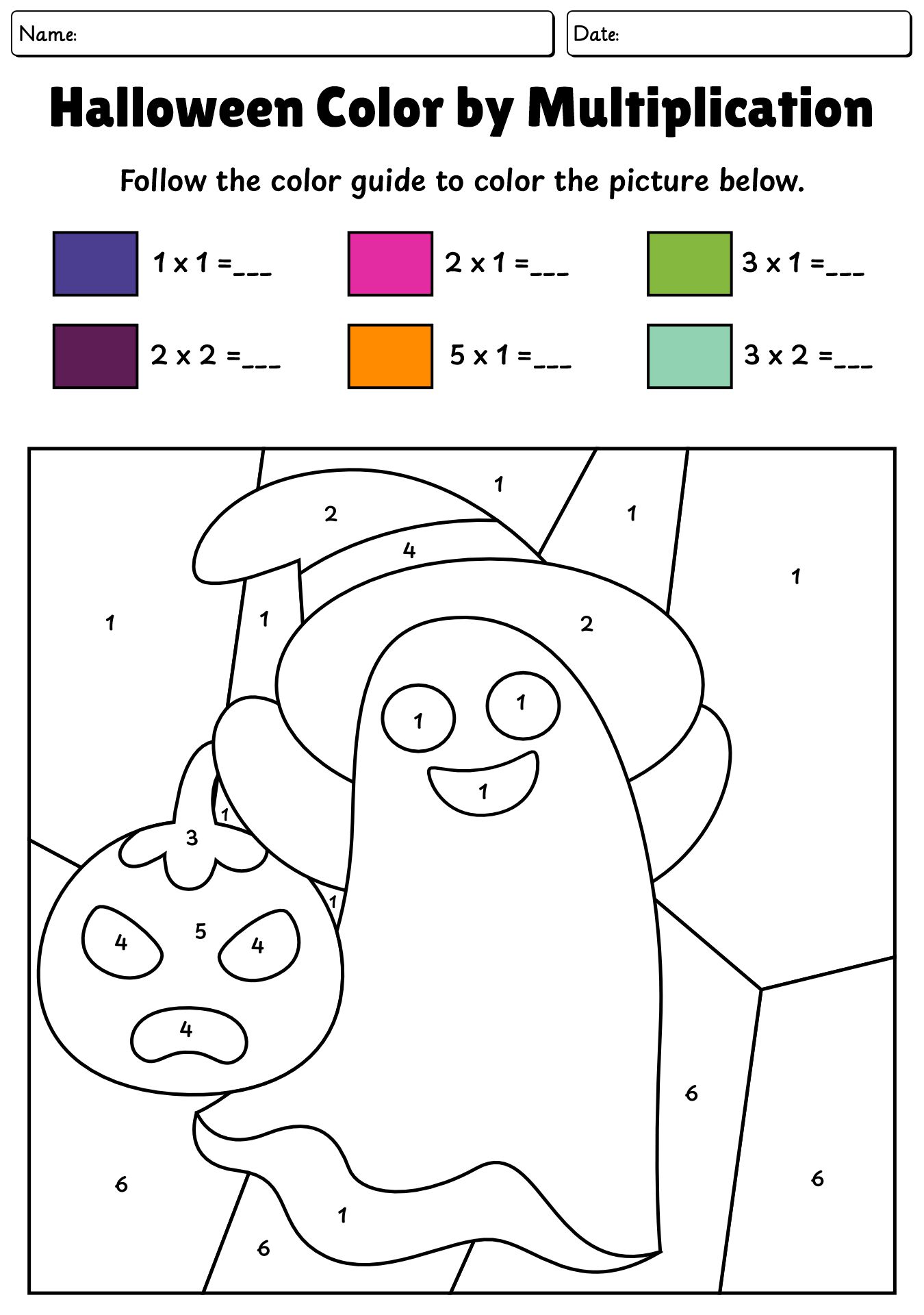 Ghost Multiplication Color By Number Worksheet