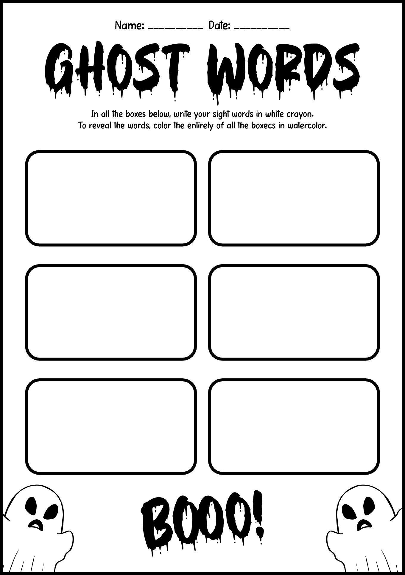 Ghost Sight Words Practice Sheets 1st Grade