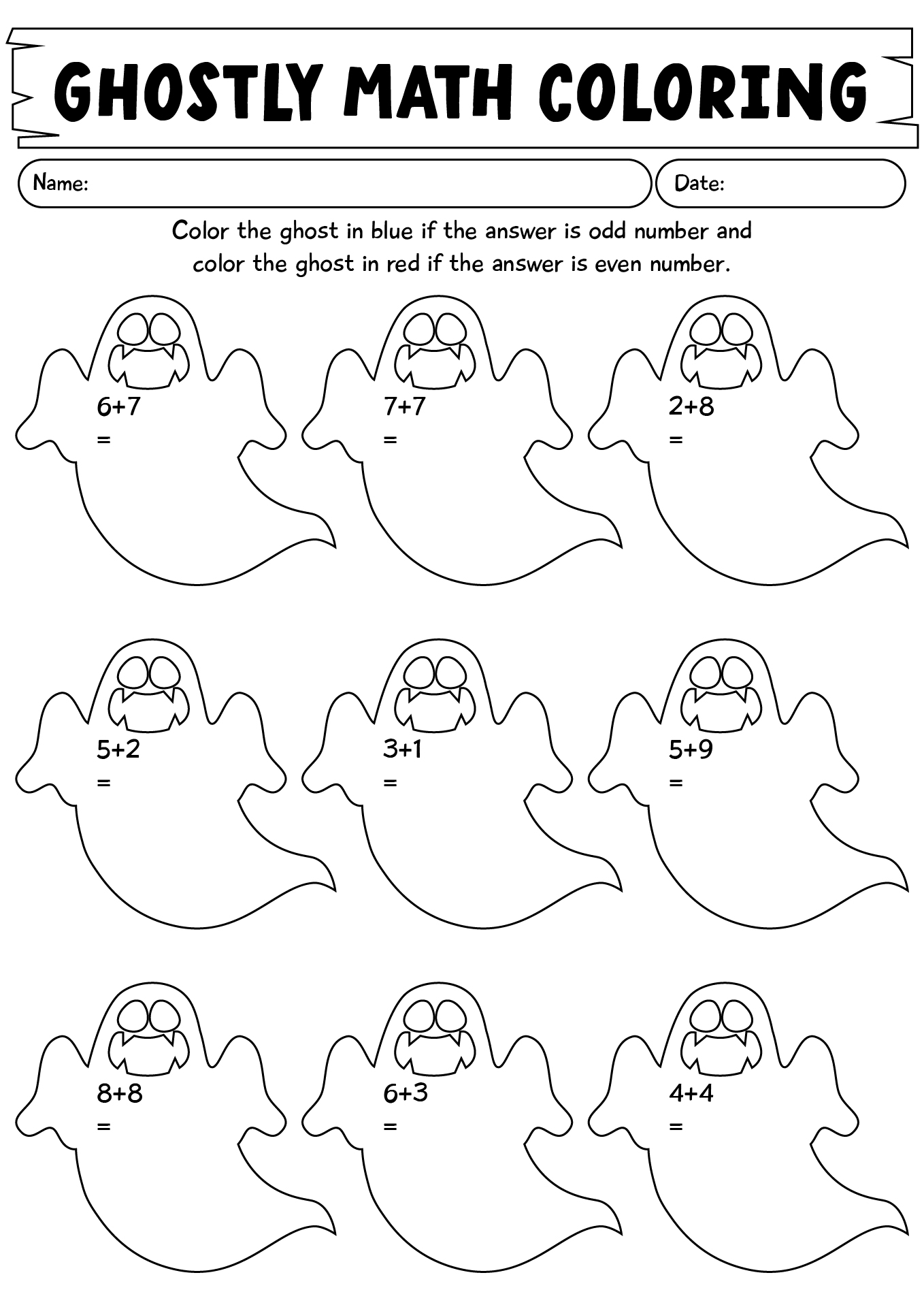 Ghostly Halloween Math Coloring Worksheets