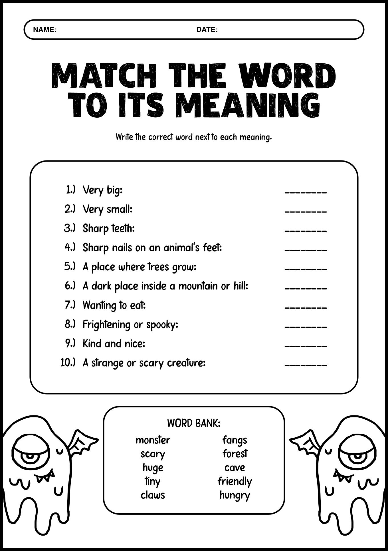 Grade 2 Monster Vocabulary Practice Worksheets