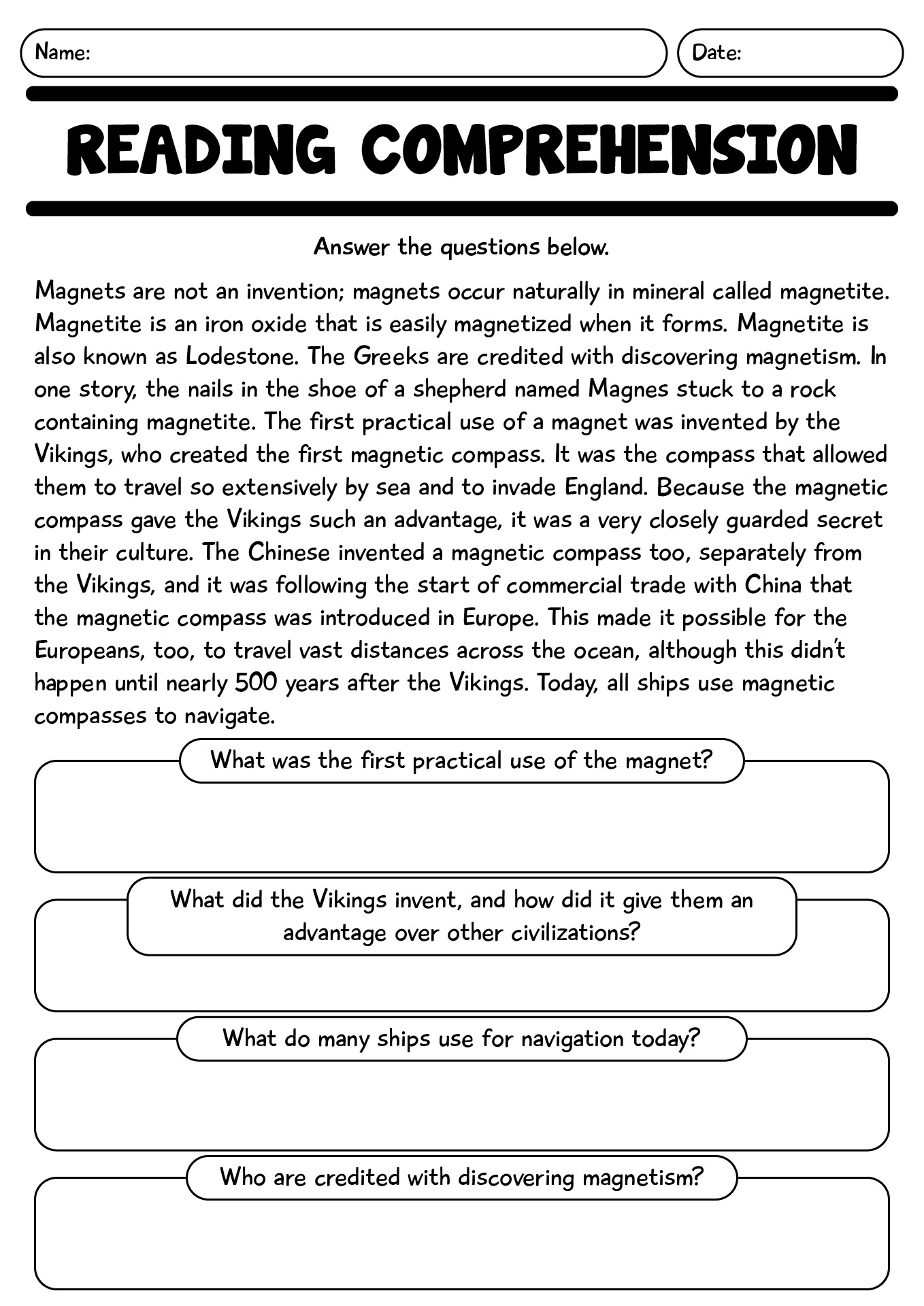 Grade 4 Reading Comprehension Worksheets