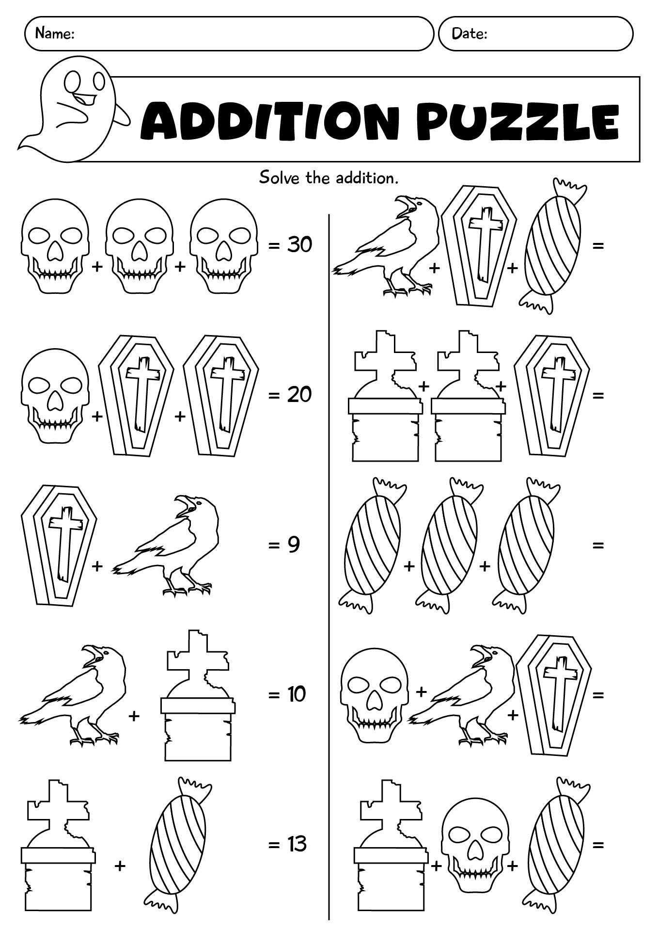 Halloween Addition Puzzle Worksheet