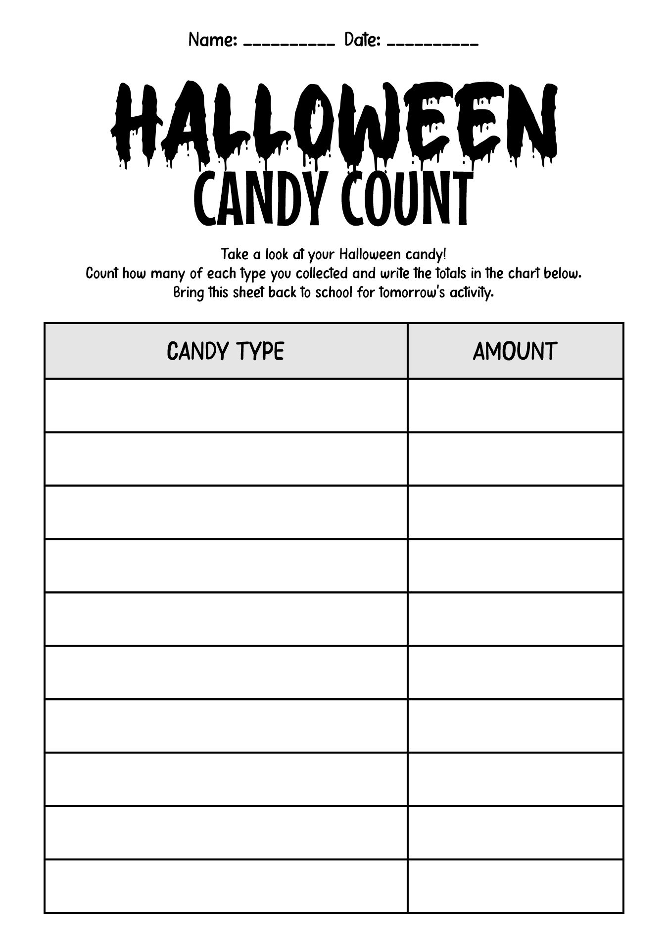 Halloween Candy Chart Worksheets for 1st Grade