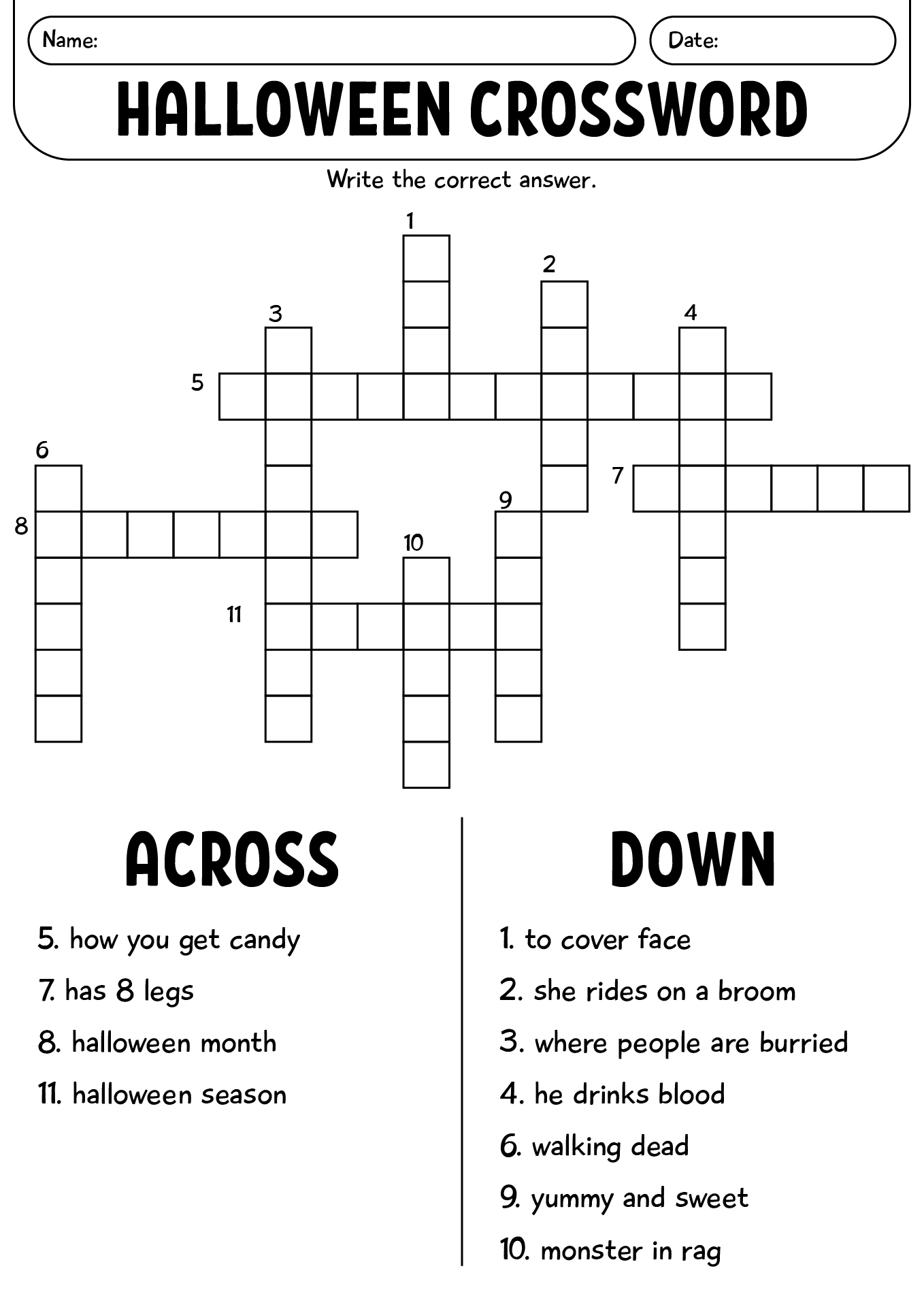 Halloween Crossword Puzzle Worksheet