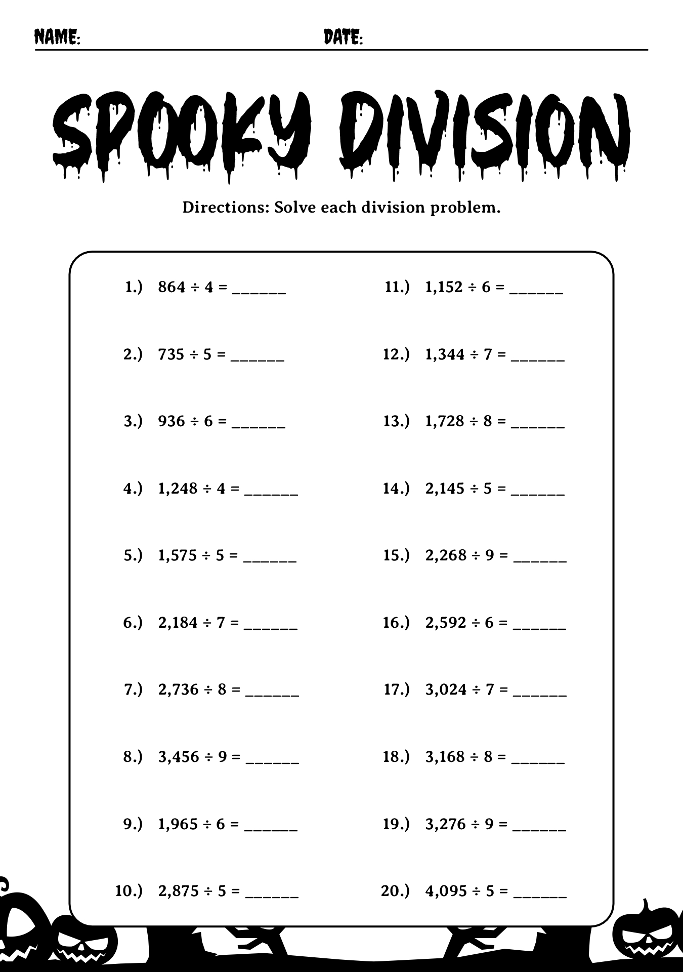 Halloween Division Challenges Worksheets Grade 4
