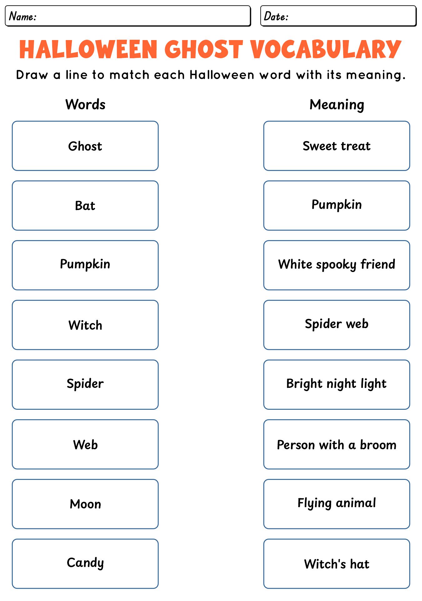 Halloween Ghost Vocabulary Worksheets 1st Grade