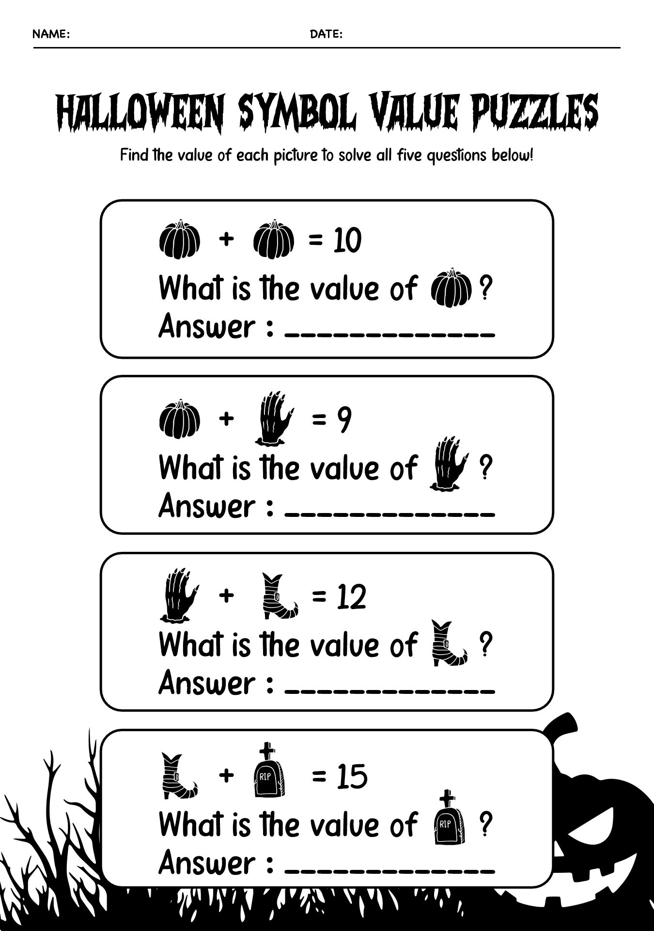 Halloween Math Puzzle Game Worksheet