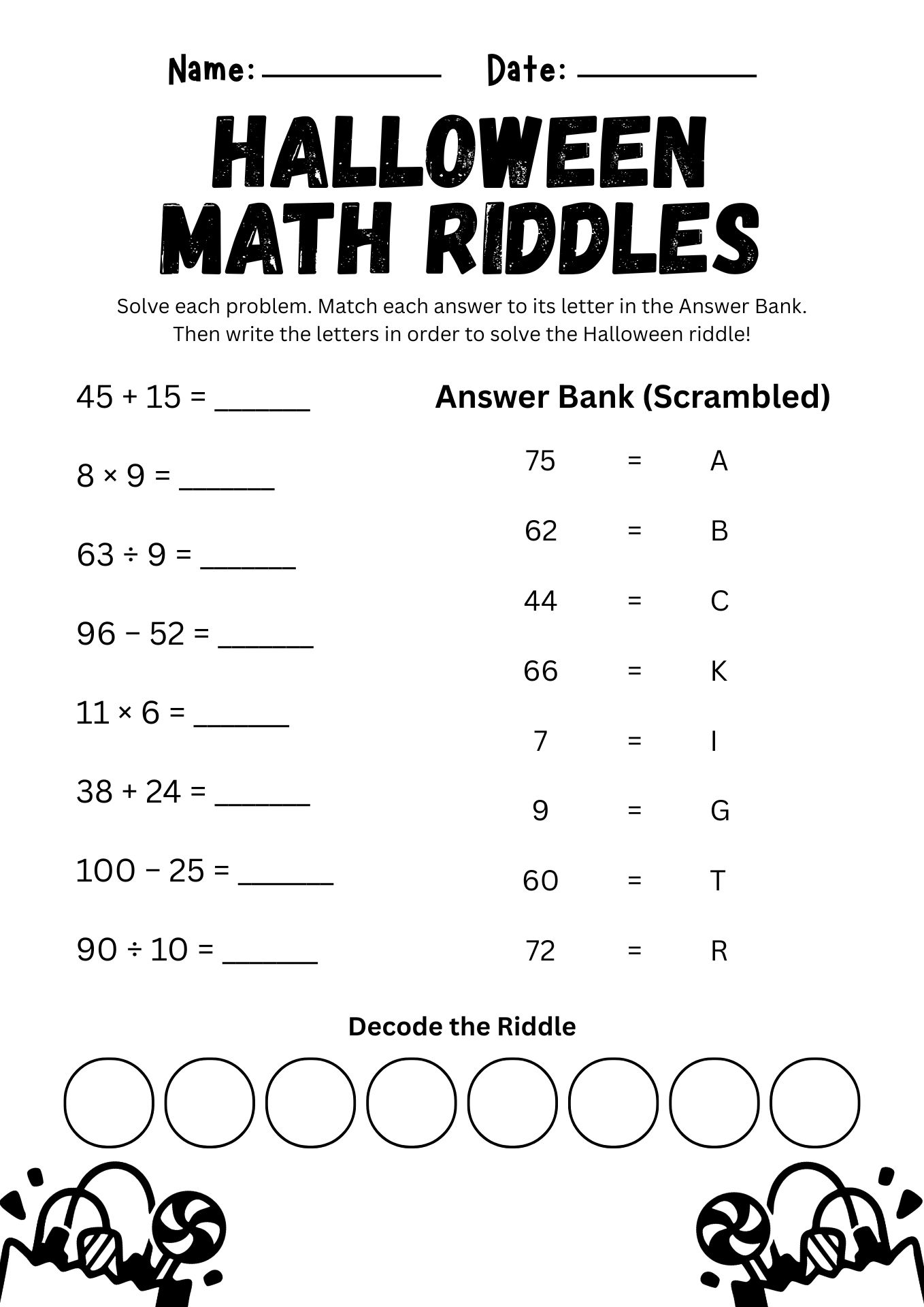 Halloween Math Riddle Worksheets for 5th Grade